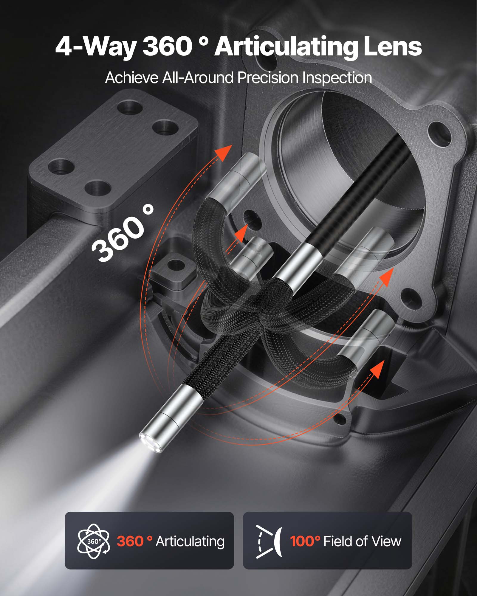 4-Way 360° Articulating Lens  
Achieve All-Around Precision Inspection  

360° Articulating  
100° Field of View