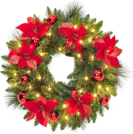 Front. Jojoka - 24-in Green Christmas Wreath Pre-Lit Artificial for Indoor Outdoor Holiday Decorations - Green.
