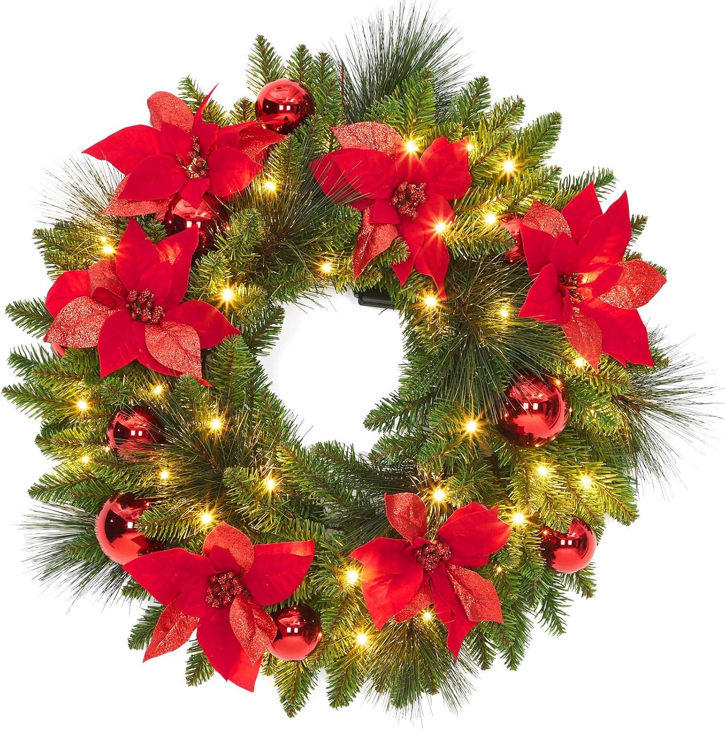 Jojoka - 24-in Christmas Wreath Pre-Lit Artificial for Indoor Outdoor Holiday Decorations - Green