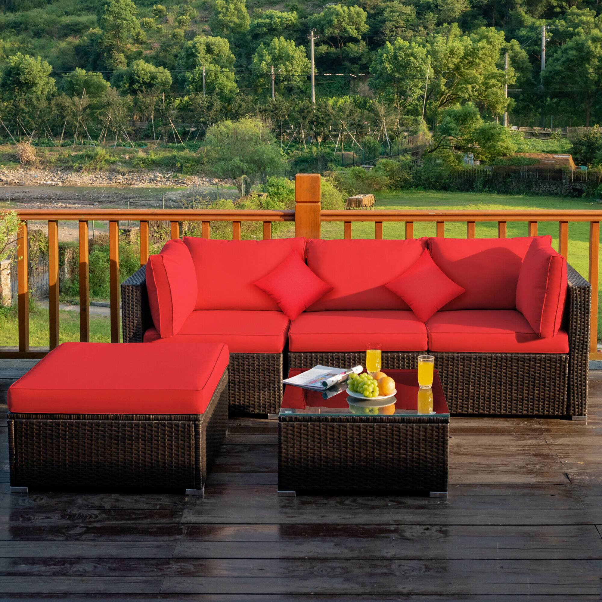 Gymax - 5PCS Rattan Sectional Sofa Set Patio Furniture Set w/ Cushion Pillow - Red