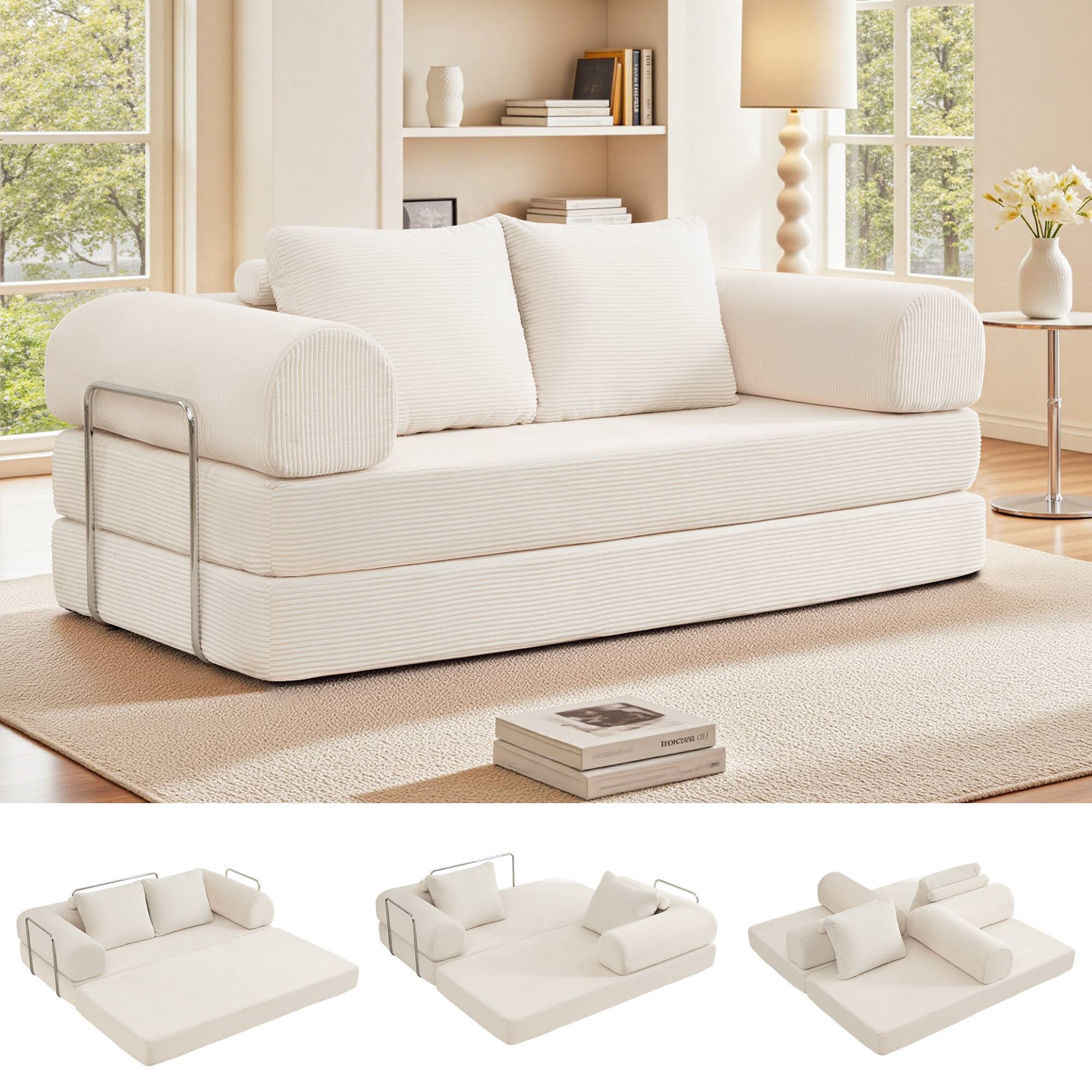 Alt View 4. KERDOM - 3-4 Person Sectional Sofa 78'' W, Foldable Modular Corduroy Combination Couch Bed for Apartment, No Assembly Required - Beige.