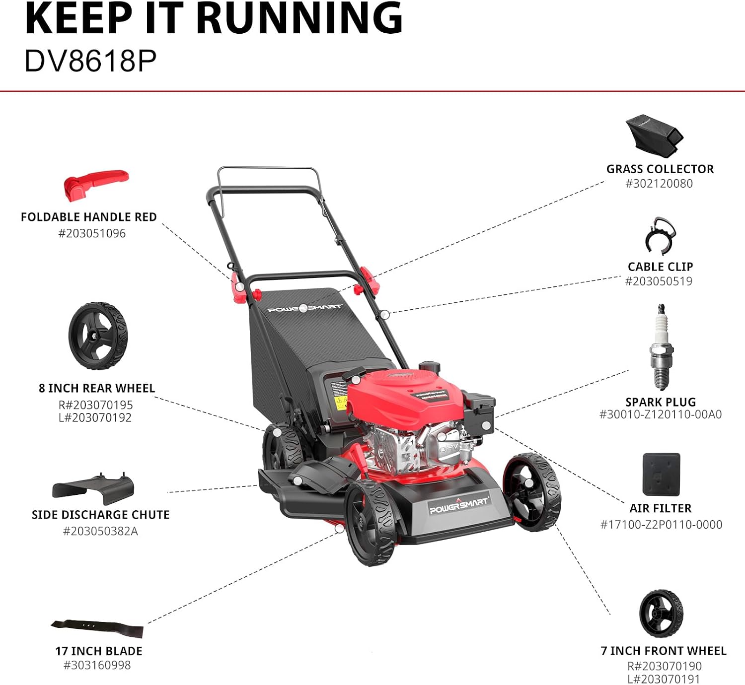 KEEP IT RUNNING DV8618P

GRASS COLLECTOR #302120080

FOLDABLE HANDLE RED #203051096

CABLE CLIP #203050519

8 INCH REAR WHEEL R#203070195 L#203070192

SPARK PLUG #30010-Z120110-0

SIDE DISCHARGE CHUTE #203050382A

POWER SMART

AIR FILTER #17100-Z2P0110-0000

17 INCH BLADE #303160998

7 INCH FRONT WHEEL R#203070190 L#203070191