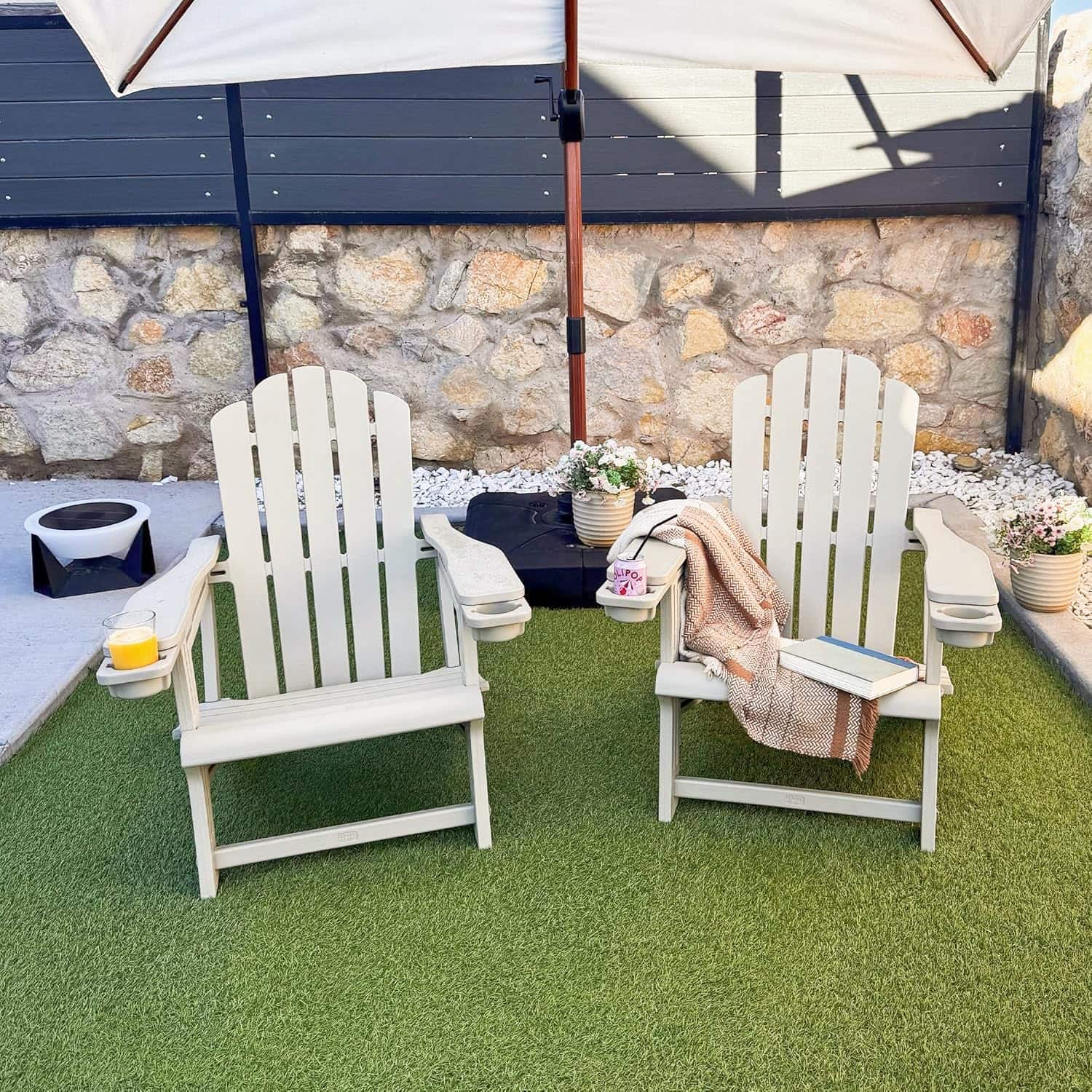 PURPLE LEAF - 1/2-Pieces Adirondack Chair HDPE All-Weather Outdoor Fire Pit Chair with Wood-Textured with Dual Cup Holders for Garden - Champagne-2Pcs