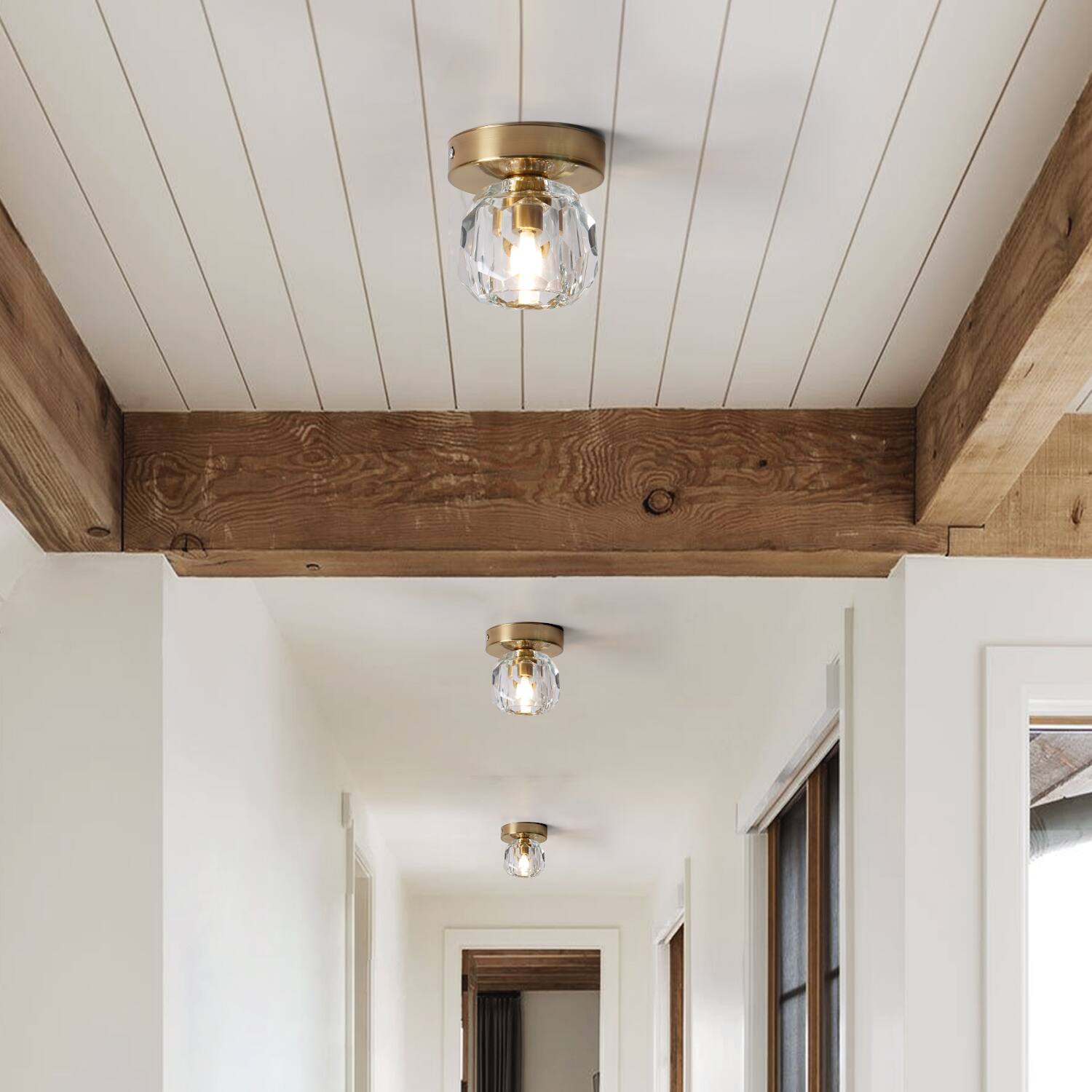 Angle. Umeiluce - 1-Light 4.7" Crystal Flush Mount Ceiling Light - Brass.