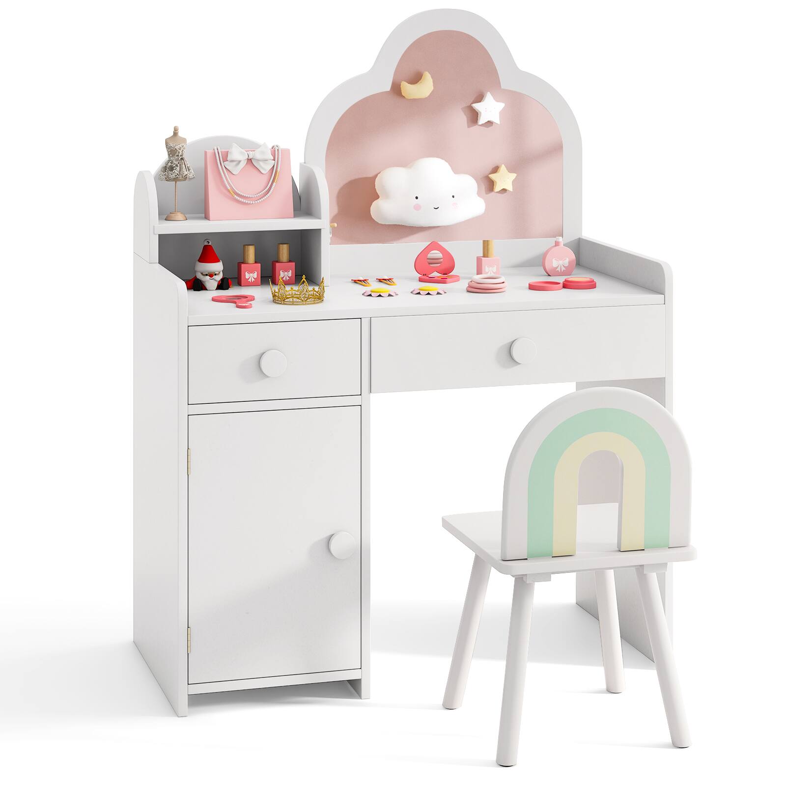 Costway - Kids Vanity Table and Chair Set with Cloud-shaped Mirror Open Shelf Storage Drawers - White