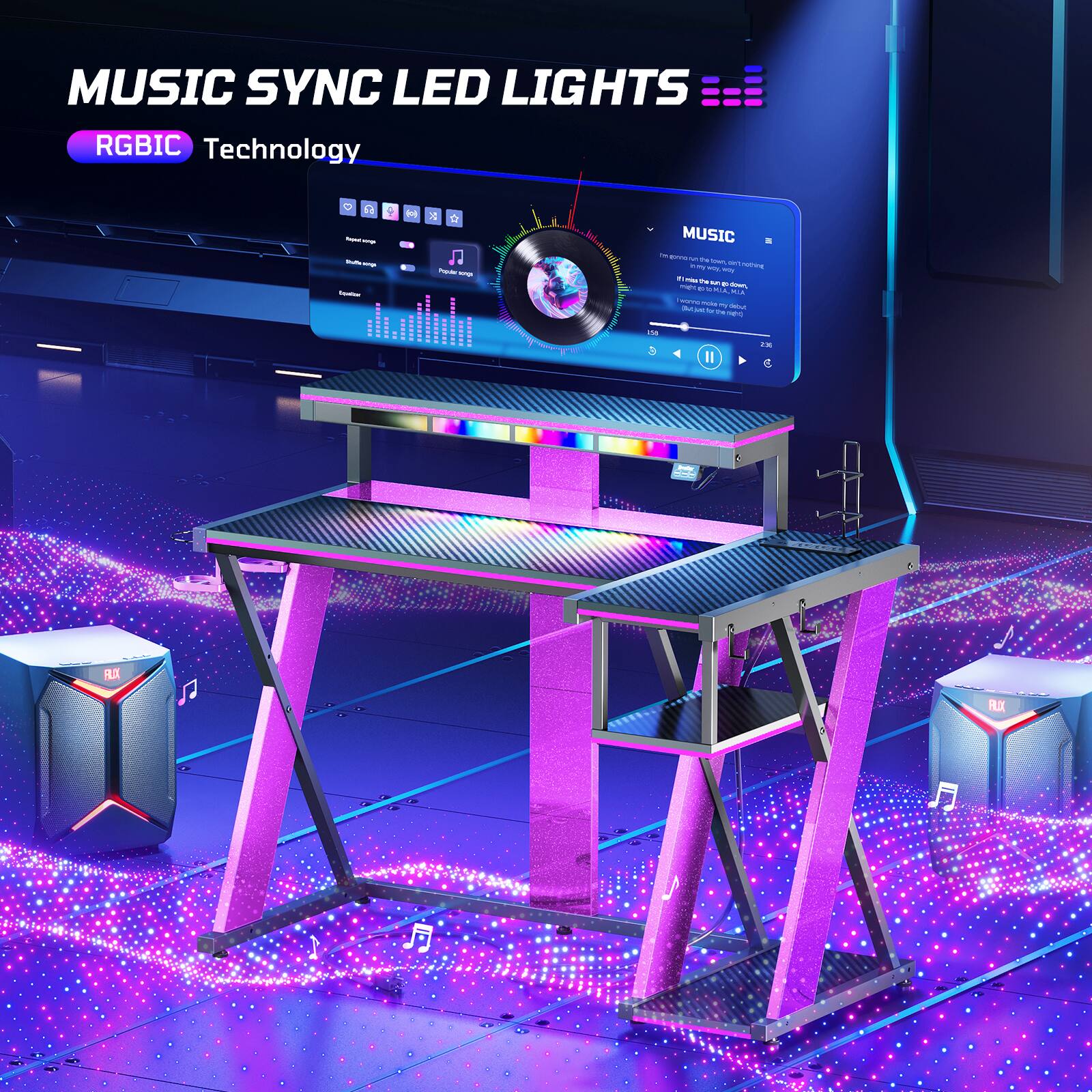 Bestier 42 inch L shaped Gaming Desk with RGB Music Sync