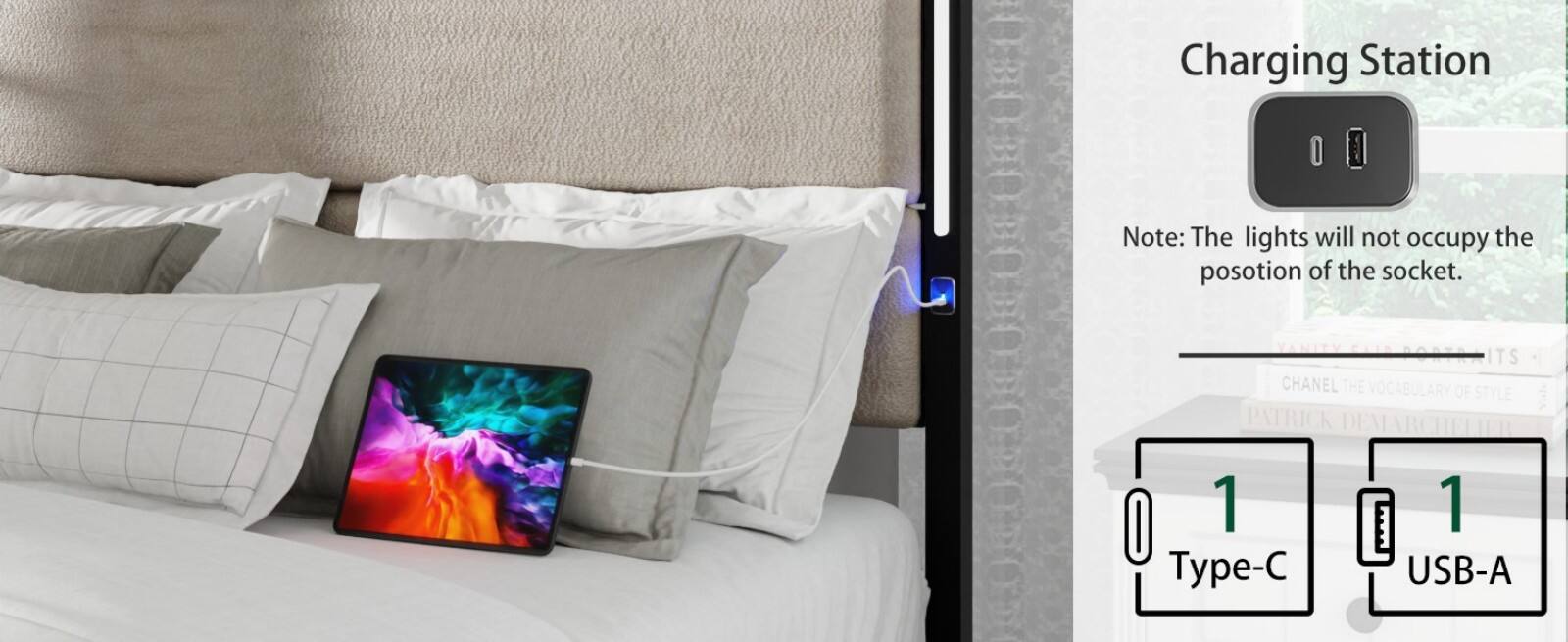 Charging Station

Note: The lights will not occupy the position of the socket.

Type-C

USB-A