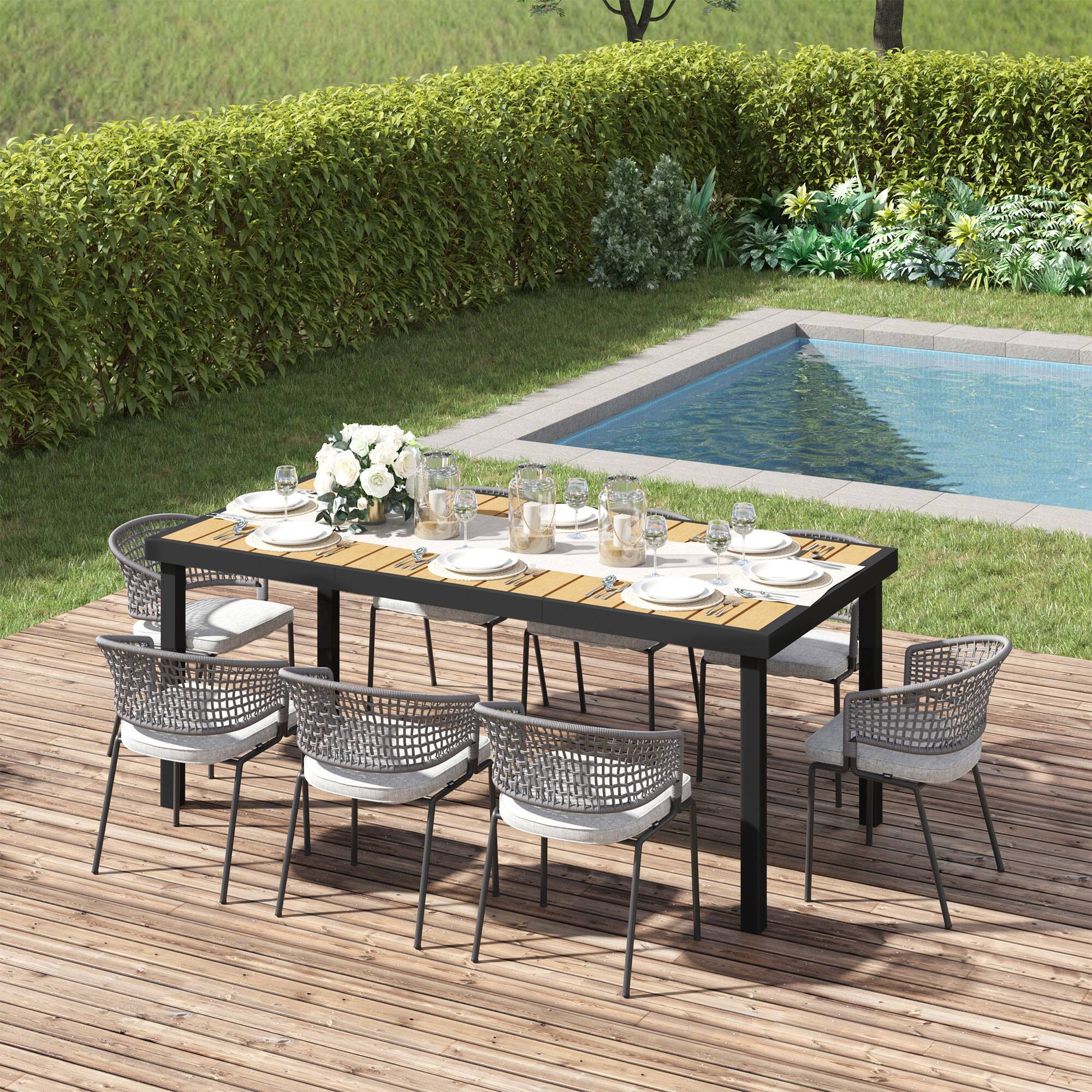 Alt View 1. Outsunny - 75" x 35" Outdoor Dining Table for 8 People, Rectangular Aluminum Frame Garden Table with All-Weather Faux Wood Top - Natural Wood.