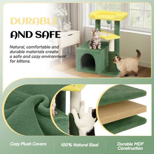 DURABLE AND SAFE

Natural, comfortable and durable materials create a safe and cozy environment for kittens.

Cozy Plush Covers  
100% Natural Sisal  
Durable MDF Construction