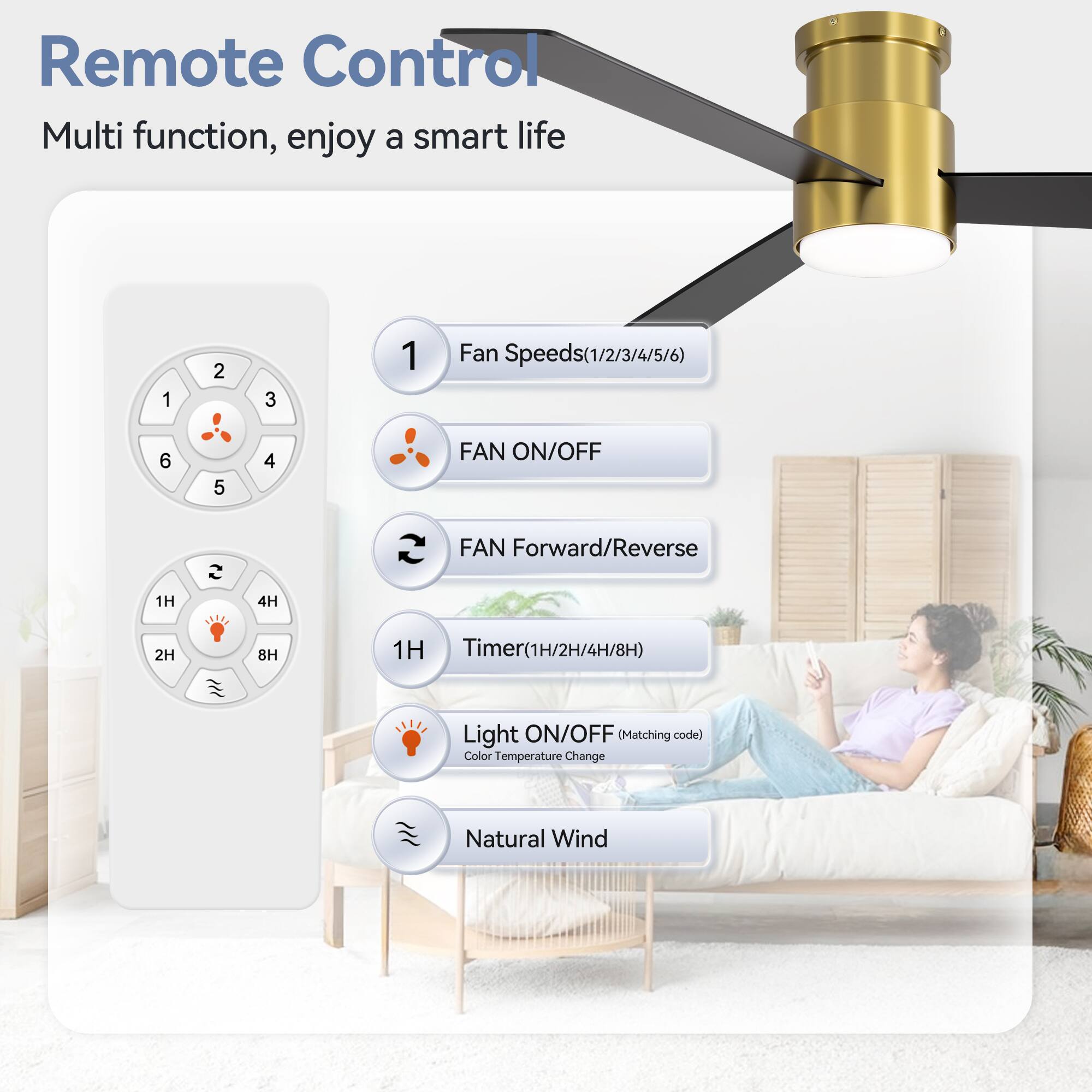 Remote Control Multi function, enjoy a smart life

1. Fan Speeds(1/2/3/4/5/6)
2. FAN ON/OFF
3. FAN Forward/Reverse
4. Timer(1H/2H/4H/8H)
5. Light ON/OFF (Matching code)
6. Color Temperature Change
7. Natural Wind