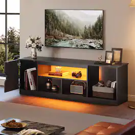 Bestier - 63" LED TV Stand for TVs up to 70", Modern Entertainment Center Media Console with 4 Open Storage Shelves - Black 3D Carbon Fiber