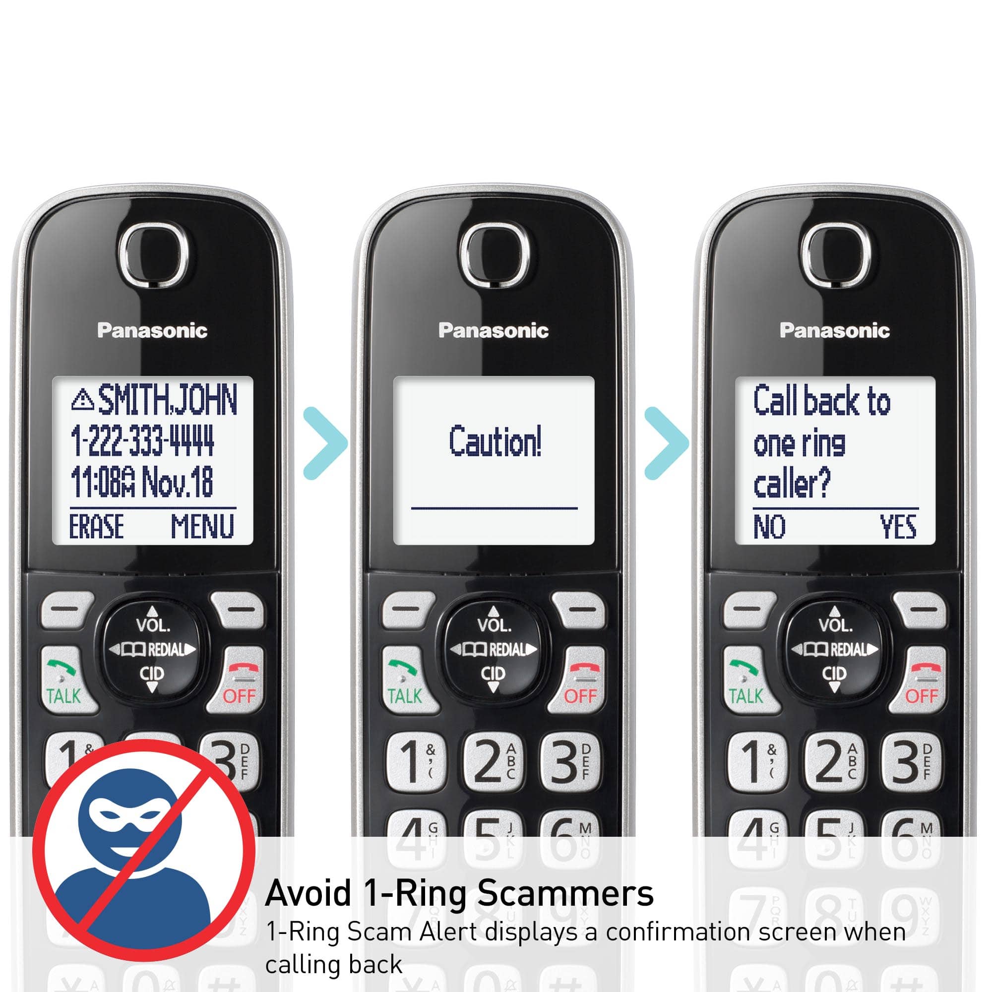 Panasonic Panasonic Panasonic SMITHJOHN 1-222-333-4444 11:08A Nov. 18 ERASE MENU Caution! Call back to one ring caller? NO YES - TALK VOL. REDIAL CID - OFF TALK VOL. REDIAL CID - OFF 1 & A 0 R DEF 1 5- 2 ABC 3 DEF 1 8-0 2 ABC 3 DEF M 4 5 6 M 4 G 5 6 : Avoid 1-Ring Scammers 7 POR 8 U 9 NXX2 1-Ring Scam Alert displays a confirmation screen when calling back.