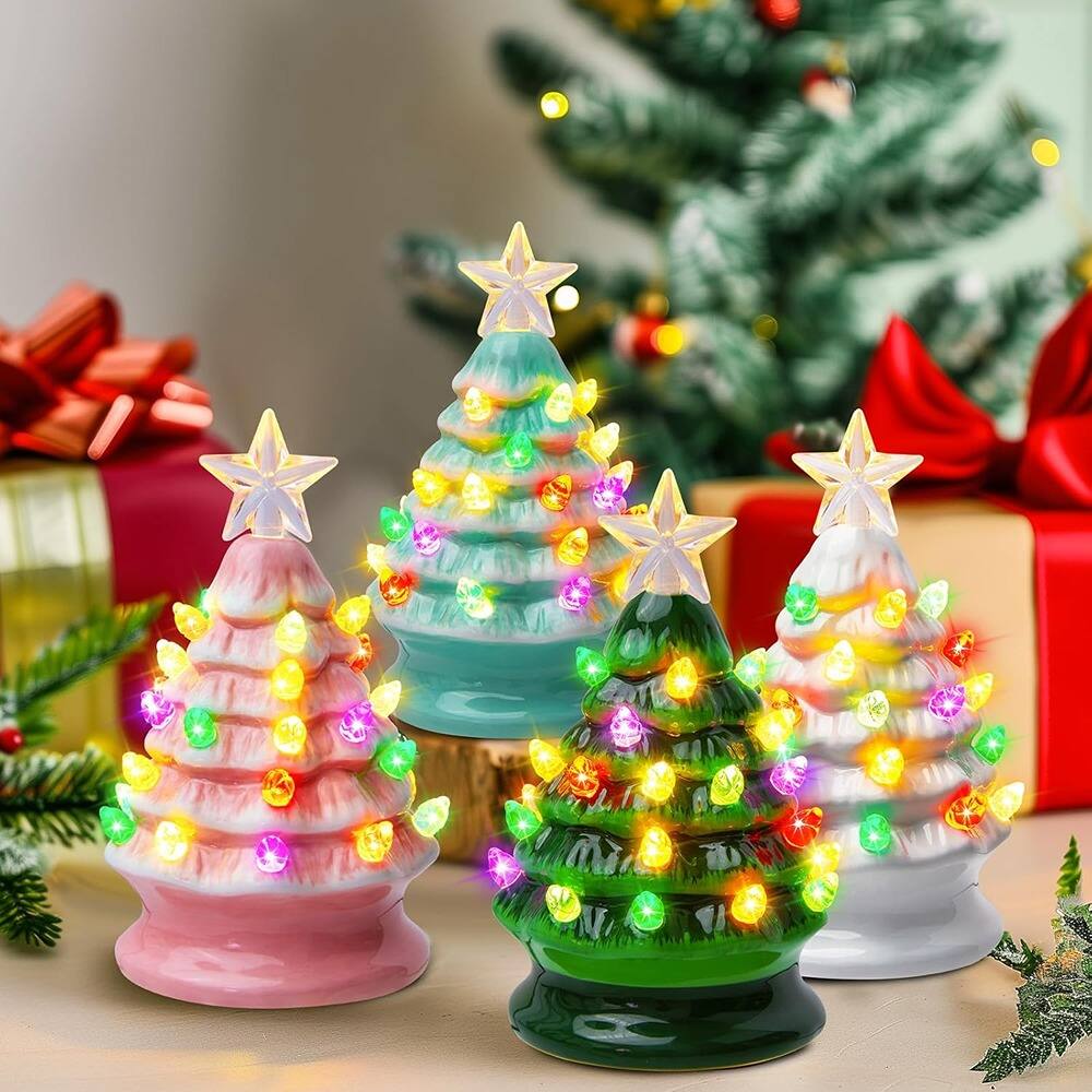 Back. RTMB - 5" Mini Ceramic Christmas Tree Set of 4, Pre-Lit Tabletop Trees with Multicolored LED Lights, Battery Operated - White + Green + Pink + Light Green.