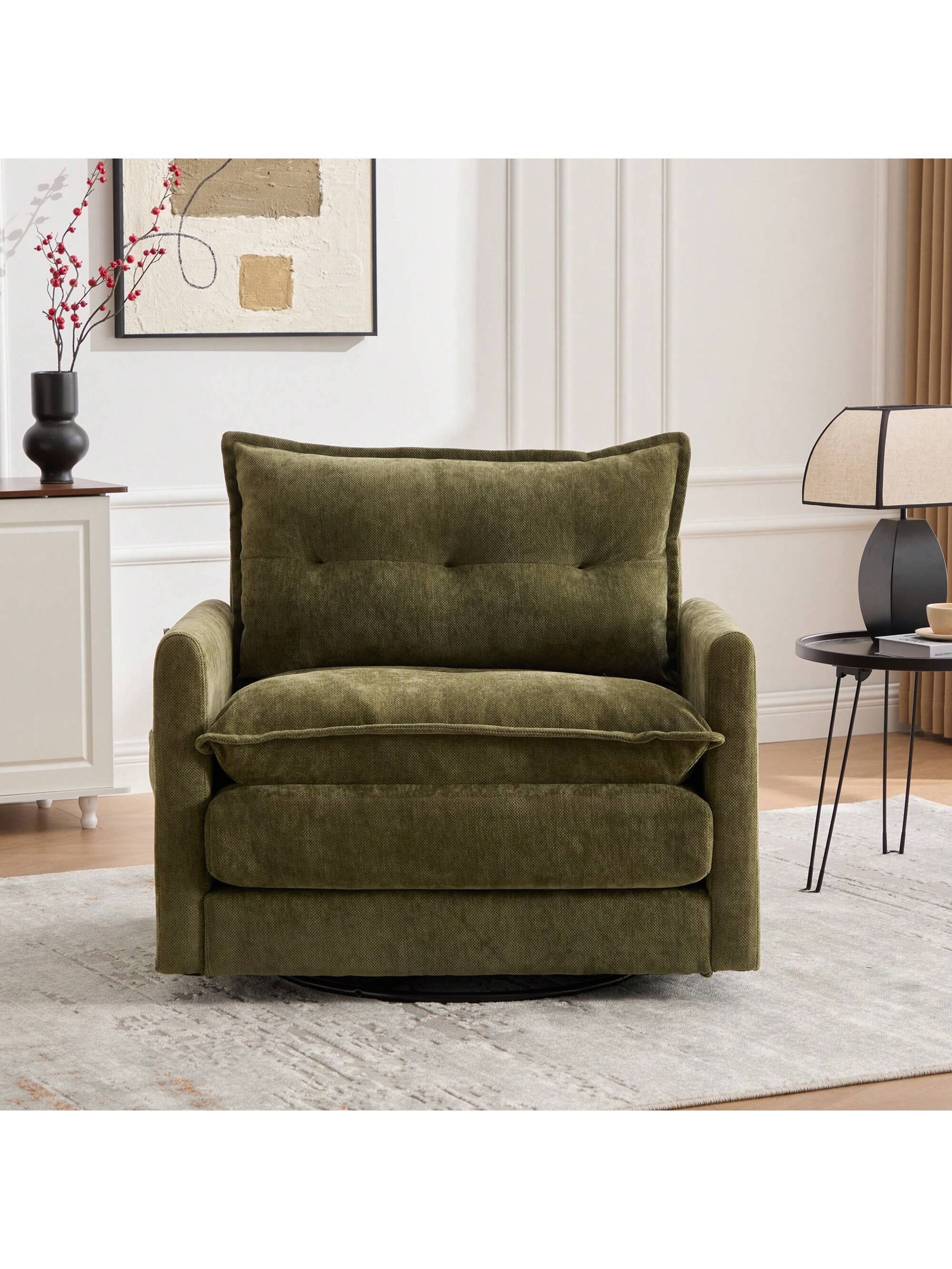 Front. Trinkets Crazed - Swivel Barrel Chair, Mid Century Modern Chair, Thick Padded Arm Chair with Solid Metal Base - Olive.
