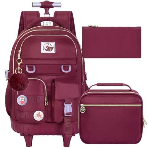 Live At Space - Rolling Backpack For Women 21 Inch Roller Wheels School Bookbag Wheeled Suitcase Backpacks With Lunch Bag Teen - Black - Red