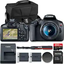 Bundle - Canon - EOS Rebel T7 DSLR Camera with 18-55mm Lens, Extra Battery, 64GB SD & Case - Black