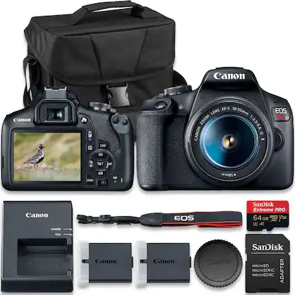 Canon EOS Rebel T7 with EF-S 18-55mm f/3.5-5.6 IS II Lens
Canon Camera Bag
Canon Battery Charger
Canon Battery
SanDisk Extreme PRO 64GB SDXC U3 V30 Memory Card
SanDisk microSD Adapter