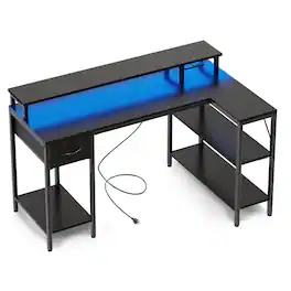 Bestier - 53-Inch L-Shaped Gaming Desk with RGB LED Lights, USB Charging Station, Power Outlet, Monitor Stand & Storage Shelves - Black