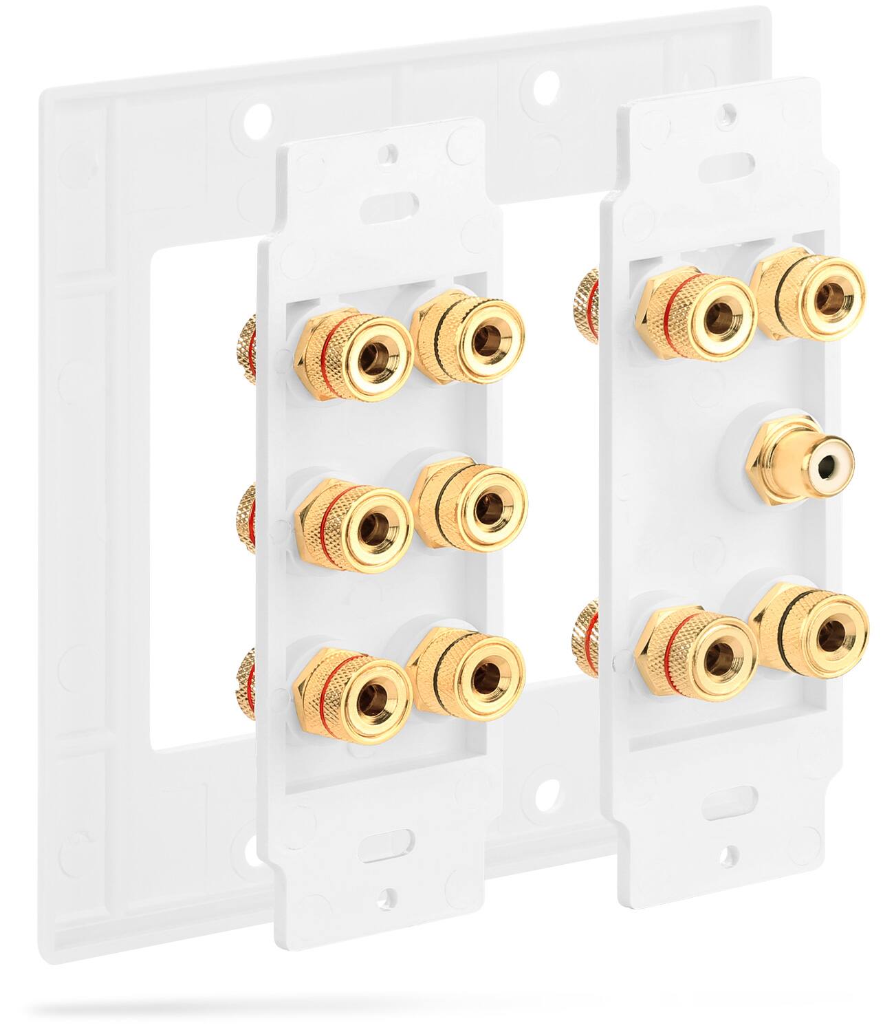 Back. Fosmon - 2-Gang 5.1 Surround Sound Distribution Wall Plate w/ Gold Plated 5-Pair Copper Binding Posts + 1 RCA Jack - White - White.