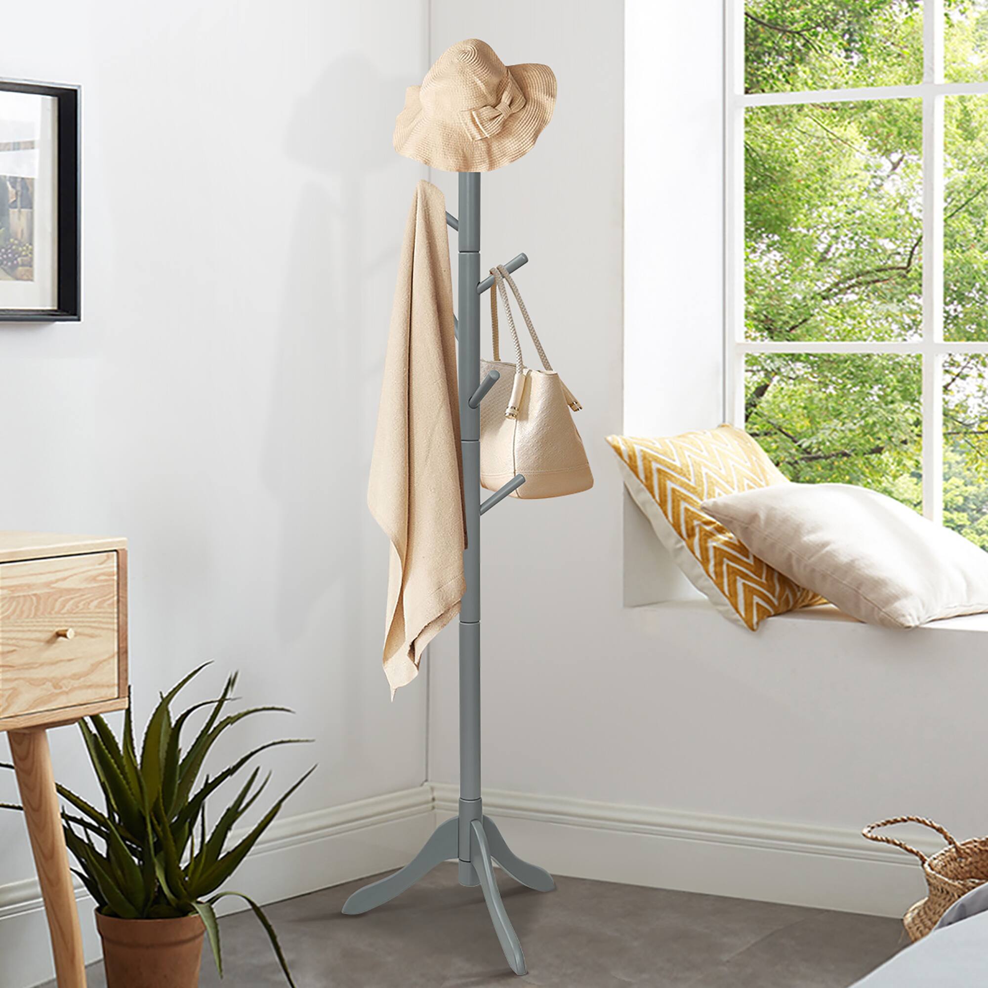 Alt View 3. Costway - Costway Wooden Coat Rack Stand Entryway Hall Tree 2 Adjustable Height w/ 8 Hooks - Gray.