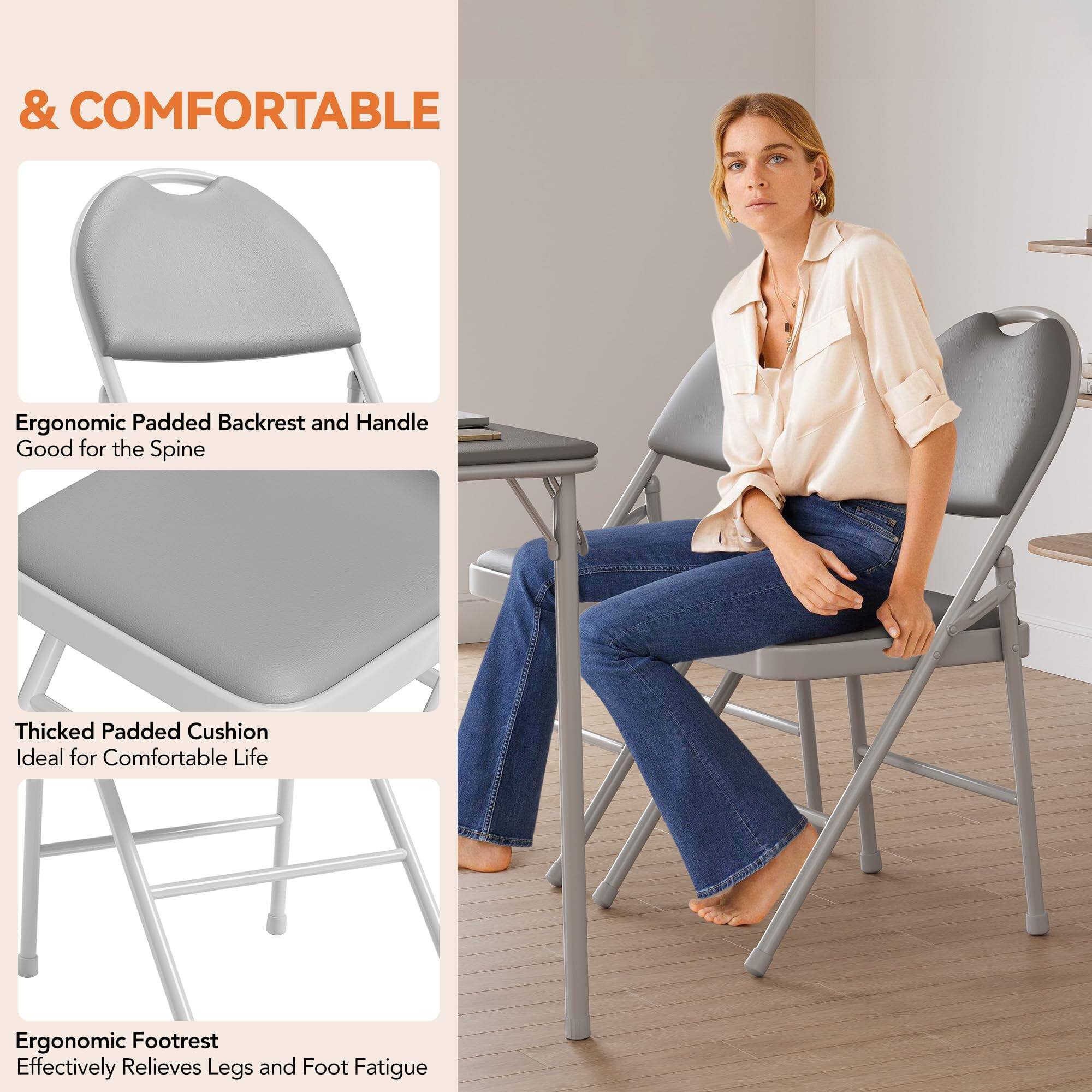& COMFORTABLE

- Ergonomic Padded Backrest and Handle
  Good for the Spine

- Thickened Padded Cushion
  Ideal for Comfortable Life

- Ergonomic Footrest
  Effectively Relieves Legs and Foot Fatigue