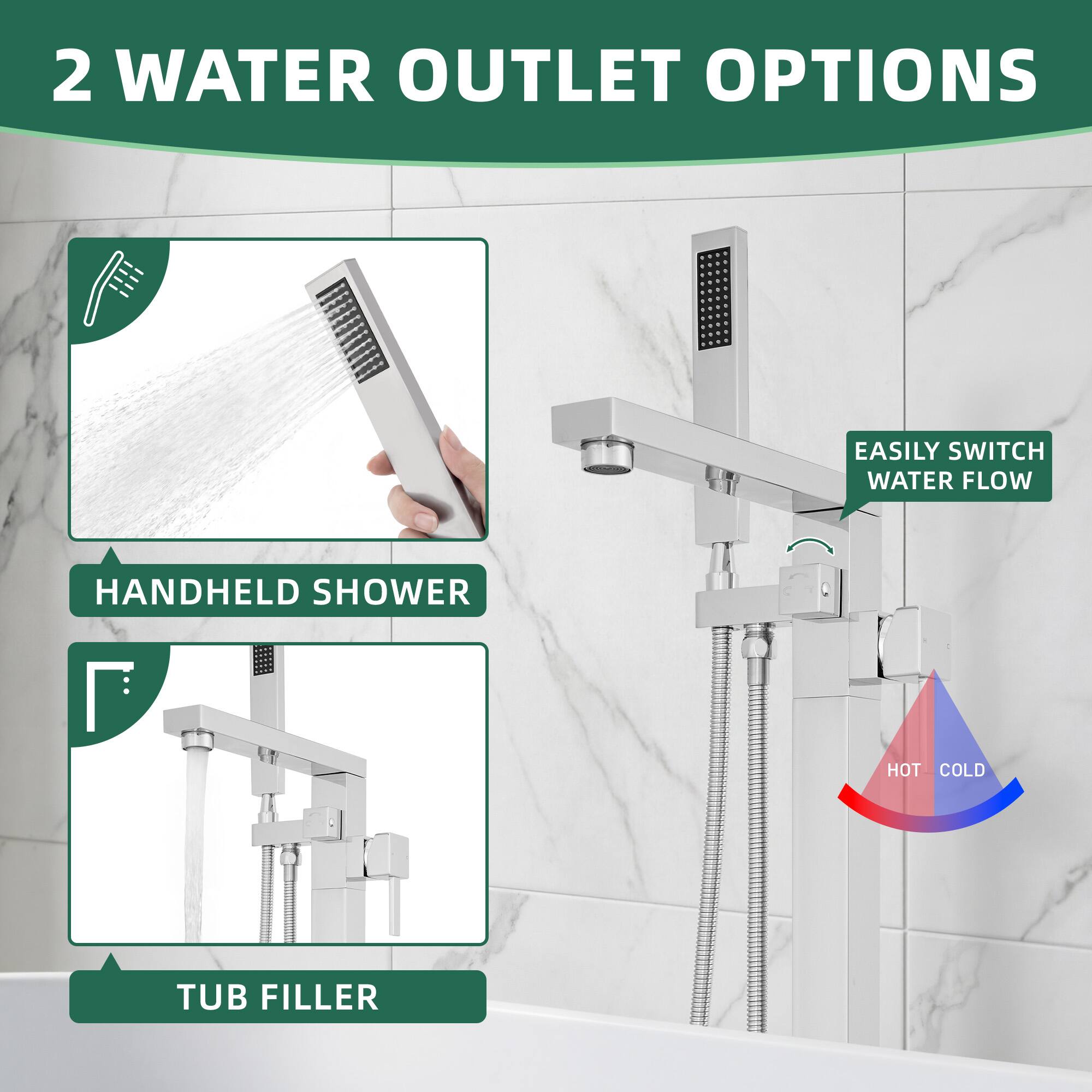 2 WATER OUTLET OPTIONS

EASILY SWITCH WATER FLOW

HANDHELD SHOWER

TUB FILLER

HOT COLD