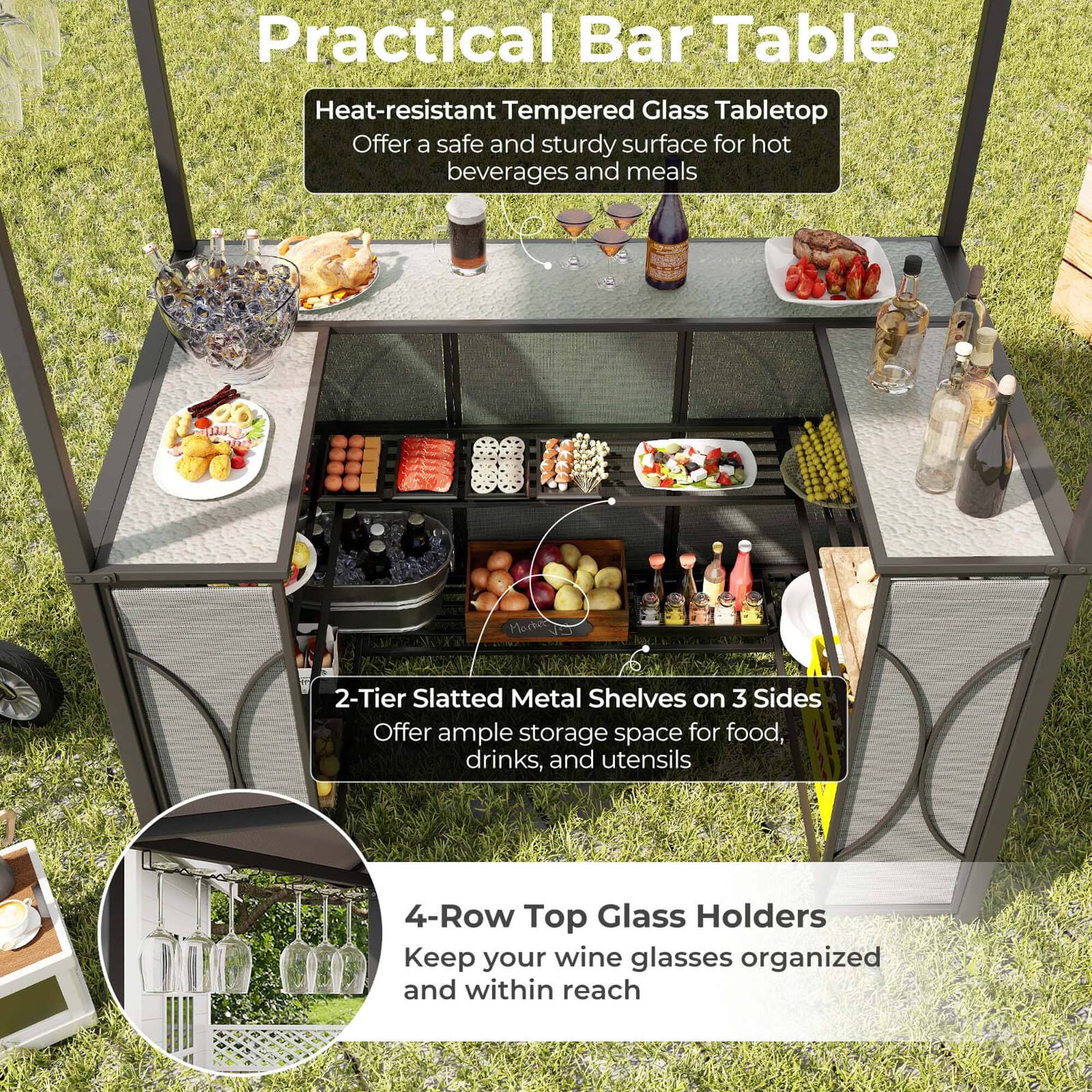 Practical Bar Table:

* Heat-resistant tempered glass tabletop
* Offer a safe and sturdy surface for hot beverages and meals

2-Tier Slatted Metal Shelves on 3 Sides:

* Offer ample storage space for food, drinks, and utensils

4-Row Top Glass Holders:

* Keep your wine glasses organized and within reach