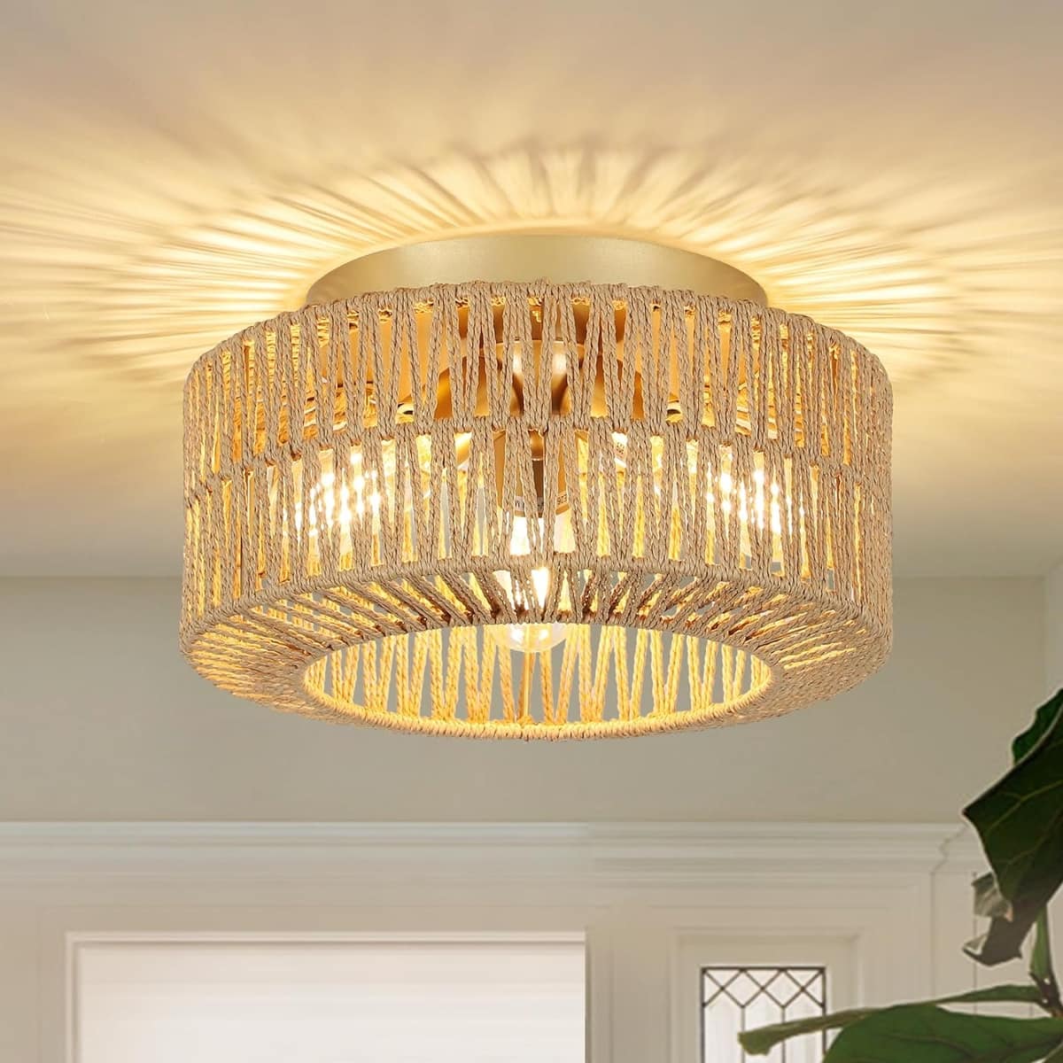 Loheer - 3 Light Rattan Ceiling Fixture, Boho Flush Mount with Hand-Woven Shade for Bedroom or Entryway