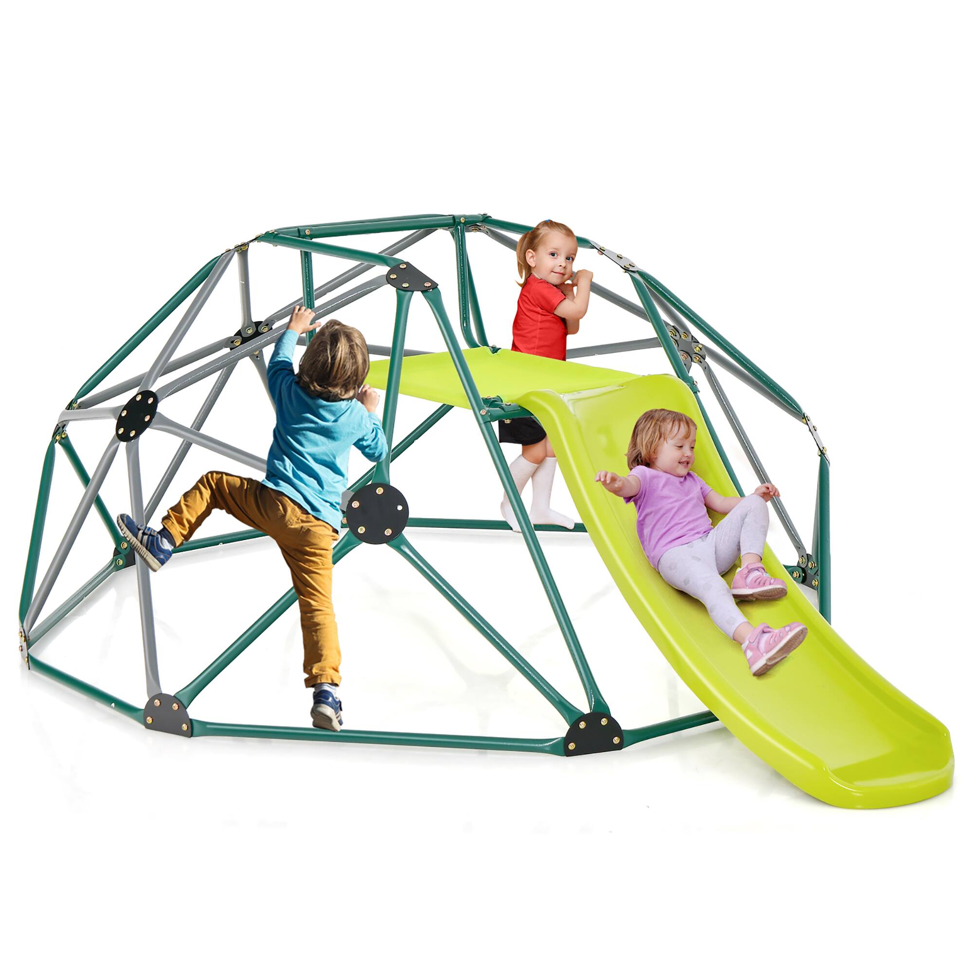 Gymax - 8FT Climbing Dome w/ Slide Outdoor Kids Jungle Gym Dome Climber Green & Gray - Green, Gray