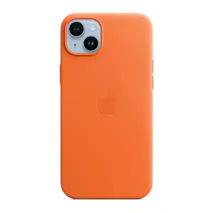 Front. Apple - iPhone 14 Plus Leather Case w/ MagSafe - Orange.