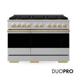 ZLINE - Autograph 48 in. 6.7 cu. ft. Double Oven Marino Freestanding DuoPro Gas Range with Convection Oven with Gold Accents - Stainless Steel
