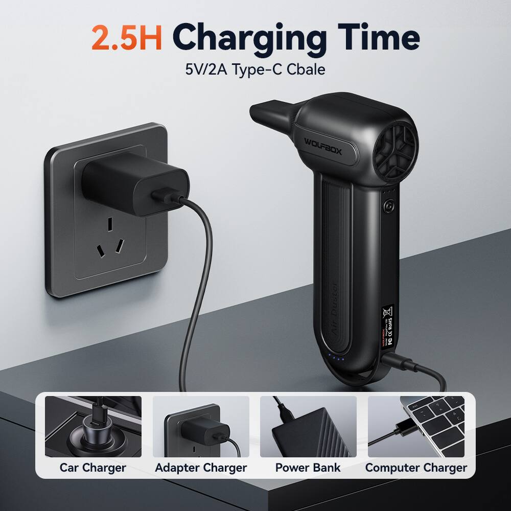 2.5H Charging Time  
5V/2A Type-C Cable  

WOLFBOX Air Duster  

Car Charger  
Adapter Charger  
Power Bank  
Computer Charger