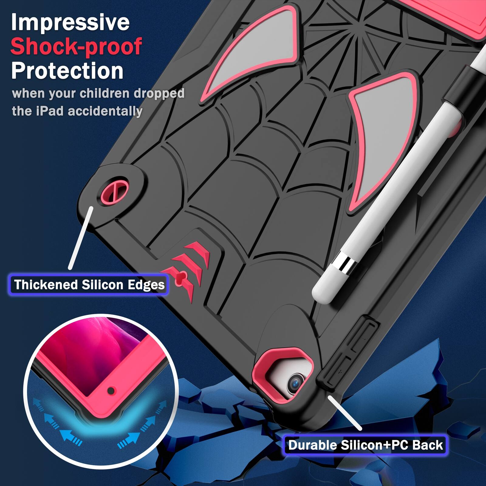 Impressive Shock-proof Protection when your children dropped the iPad accidentally

Thickened Silicon Edges

Durable Silicon+PC Back