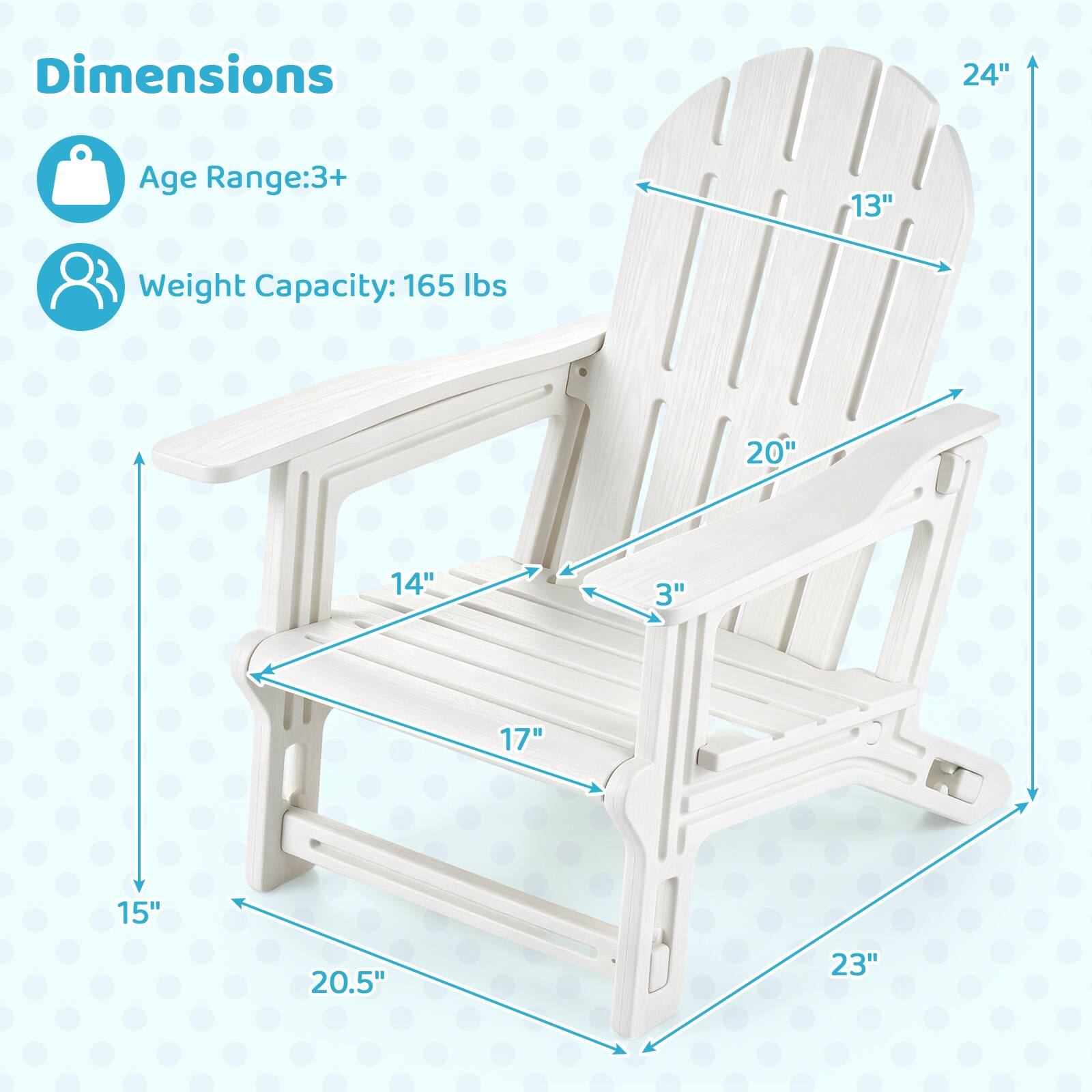 Dimensions
- Age Range: 3+
- Weight Capacity: 165 lbs
- 24"
- 13"
- 20"
- 14"
- 3"
- 17"
- 15"
- 20.5"
- 23"