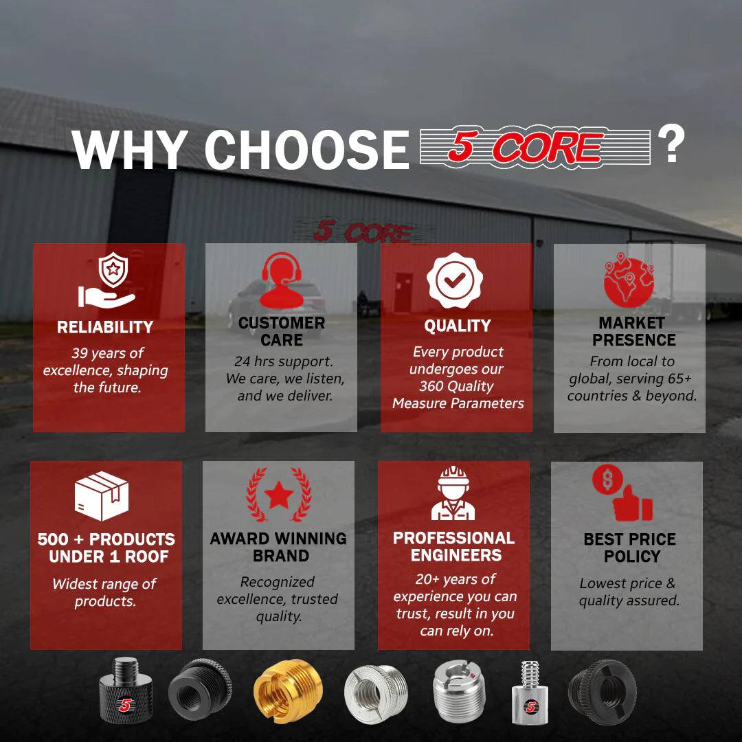 WHY CHOOSE 5 CORE?

5 CORE
RELIABILITY
39 years of excellence, shaping the future.
CUSTOMER CARE
24 hrs support. We care, we listen, and we deliver.
QUALITY
Every product undergoes our 360 Quality Measure Parameters
MARKET PRESENCE
From local to global, serving 65+ countries & beyond.
500+ PRODUCTS UNDER 1 ROOF
Widest range of products.
AWARD WINNING BRAND
Recognized excellence, trusted quality.
PROFESSIONAL ENGINEERS
20+ years of experience you can trust, result in you can rely on.
BEST PRICE POLICY
Lowest price & quality assured.