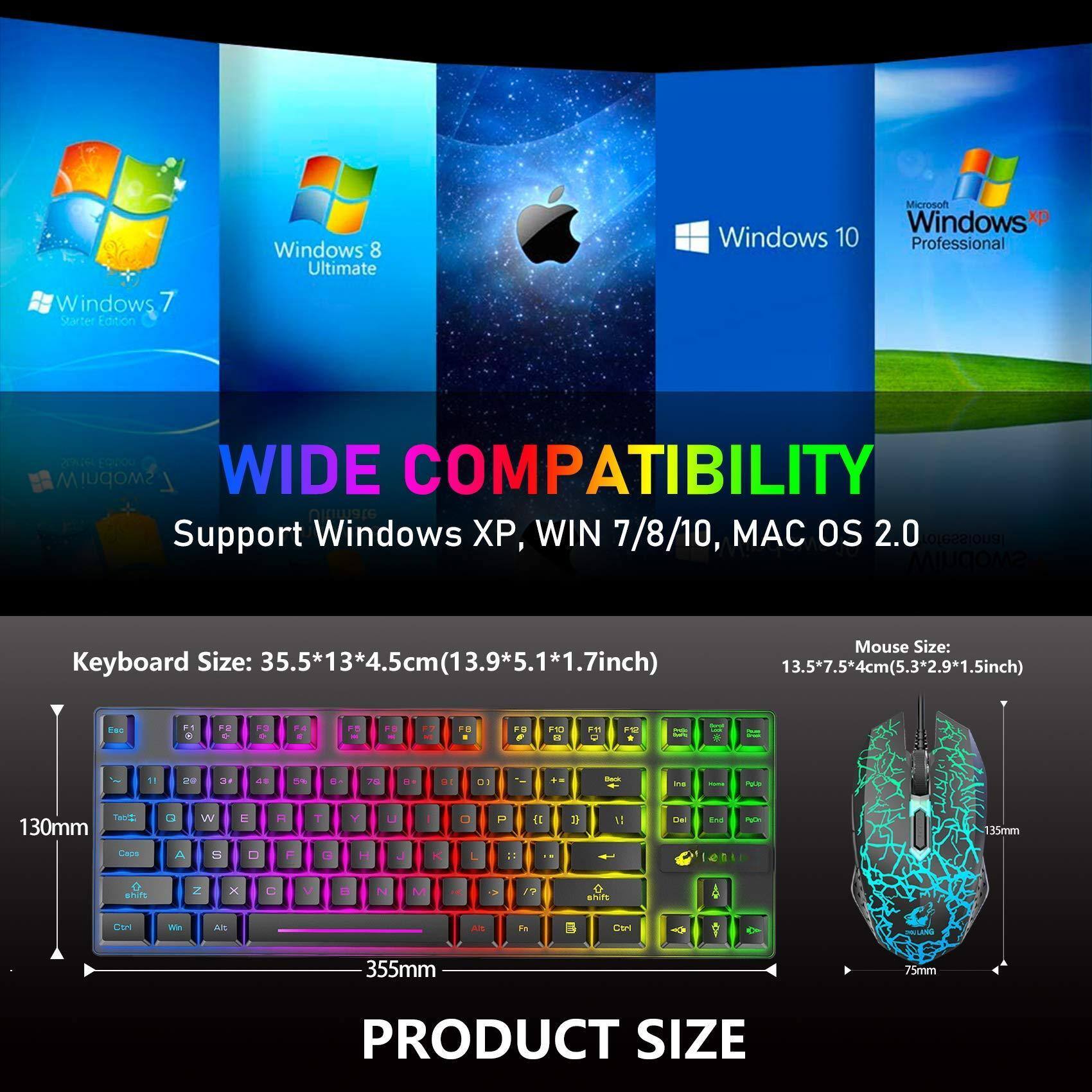 **WIDE COMPATIBILITY**  
Support Windows XP, WIN 7/8/10, MAC OS 2.0

**PRODUCT SIZE**  
Keyboard Size: 35.5*13*4.5cm (13.9*5.1*1.7inch)  
Mouse Size: 13.5*7.5*4cm (5.3*2.9*1.5inch)

- Windows 7 Starter Edition
- Windows 8 Ultimate
- Windows 10
- Windows XP Professional