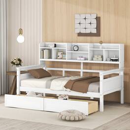Aukfa - Twin size Daybed, Wood Slat Support, with Bedside Shelves and Two Drawers - White