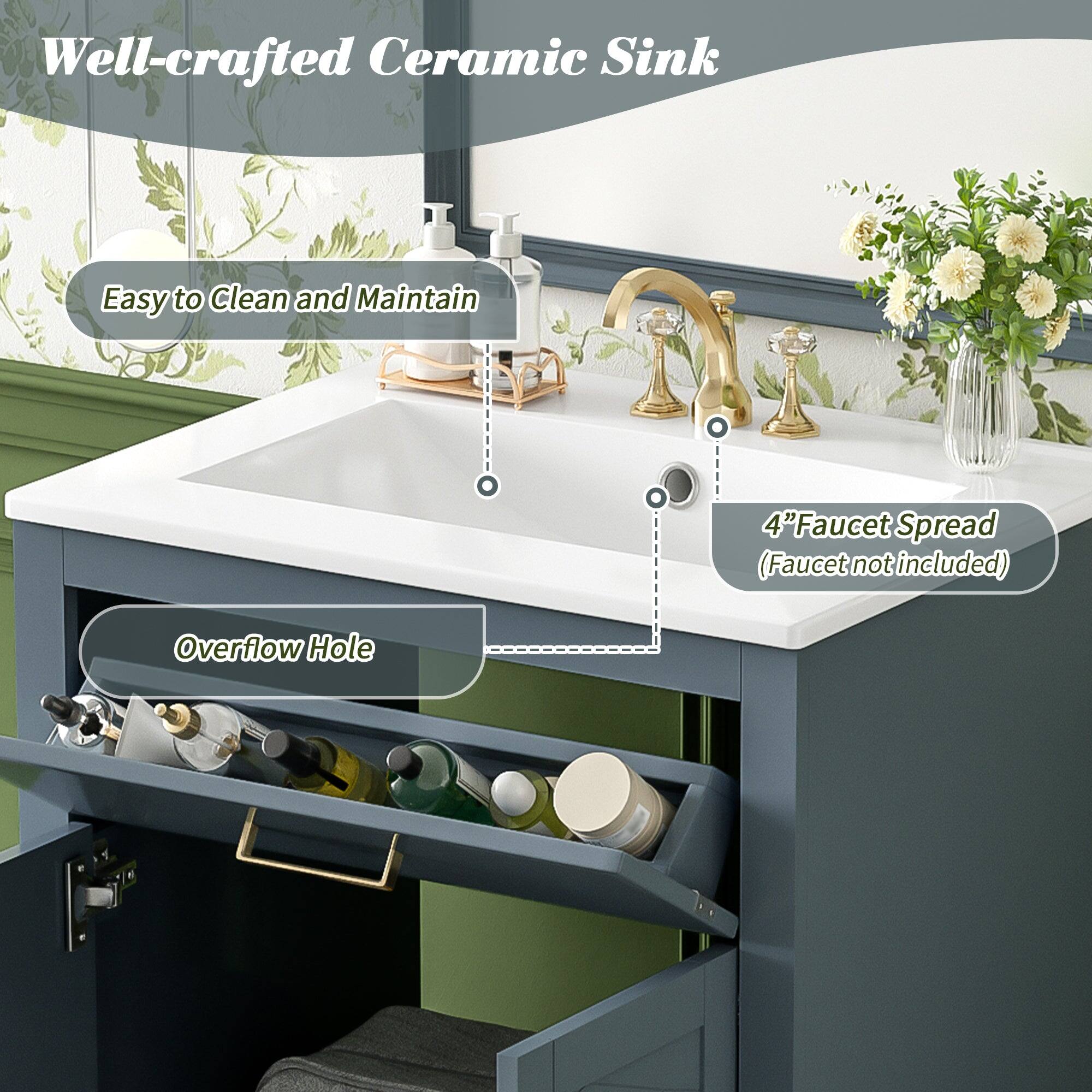 Well-crafted Ceramic Sink  
Easy to Clean and Maintain  
4" Faucet Spread (Faucet not included)  
Overflow Hole