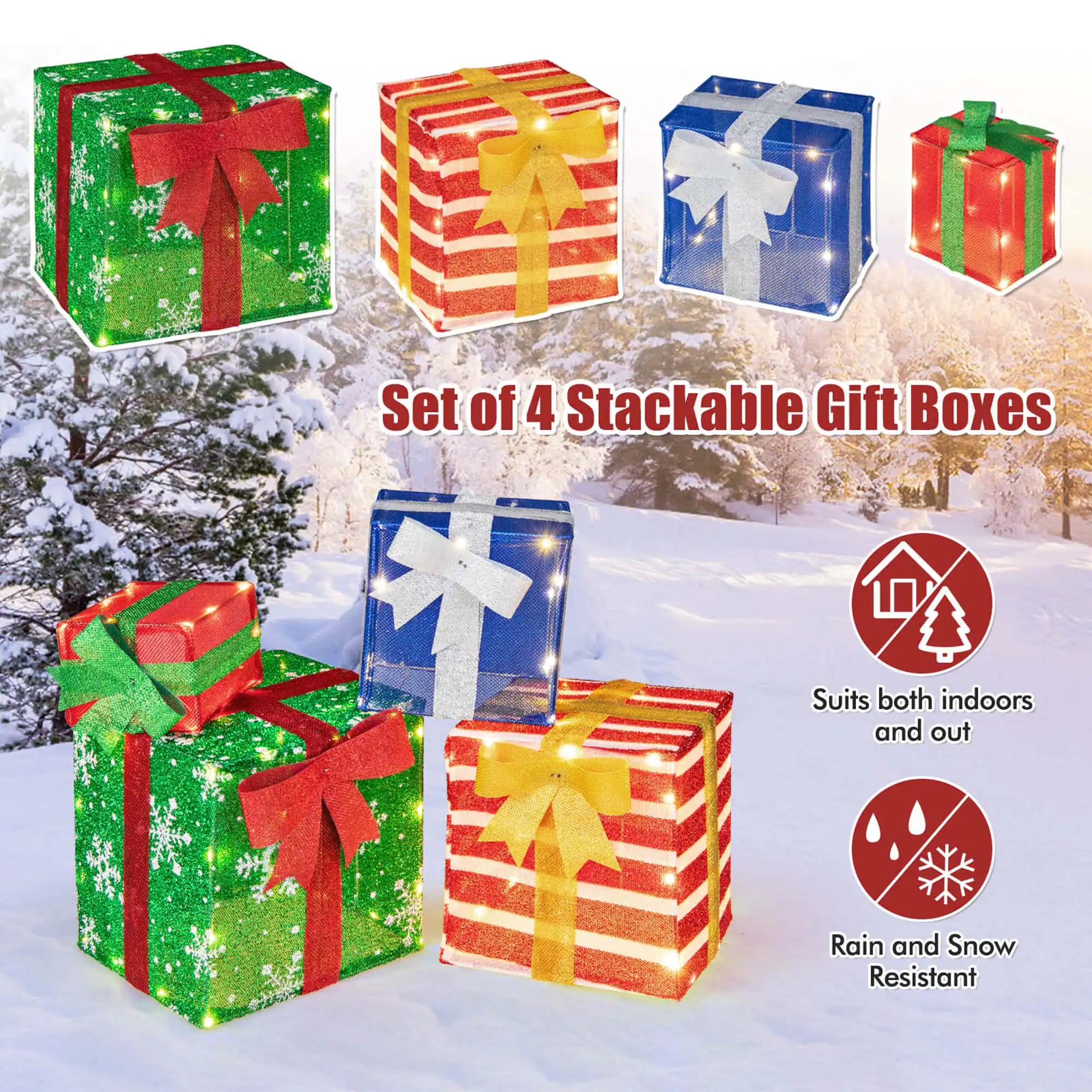 Set of 4 Stackable Gift Boxes

- Suits both indoors and out
- Rain and Snow Resistant