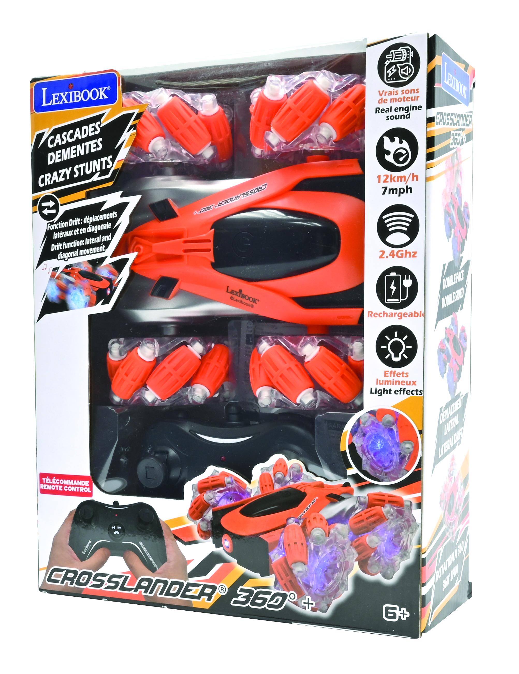 LEXIBOOK CASCADES DEMENTES CRAZY STUNTS  
Fonction Drift: déplacements latéraux et en diagonale  
Drift function: lateral and diagonal movement  

Vrais sons de moteur  
Real engine sound  

CROSSLANDER 360  
12km/h  
7 mph  
2.4Ghz  
Rechargeable  

TÉLÉCOMMANDE REMOTE CONTROL  

CROSSLANDER 360 +  
Effets lumineux Light effects  

6+