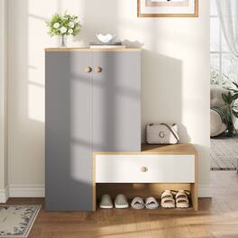 Loheer - 12 Pair Shoe Cabinet, 43.25"H Shoe Storage Organizer with Bench, White & Gray - White, Grey, Natural