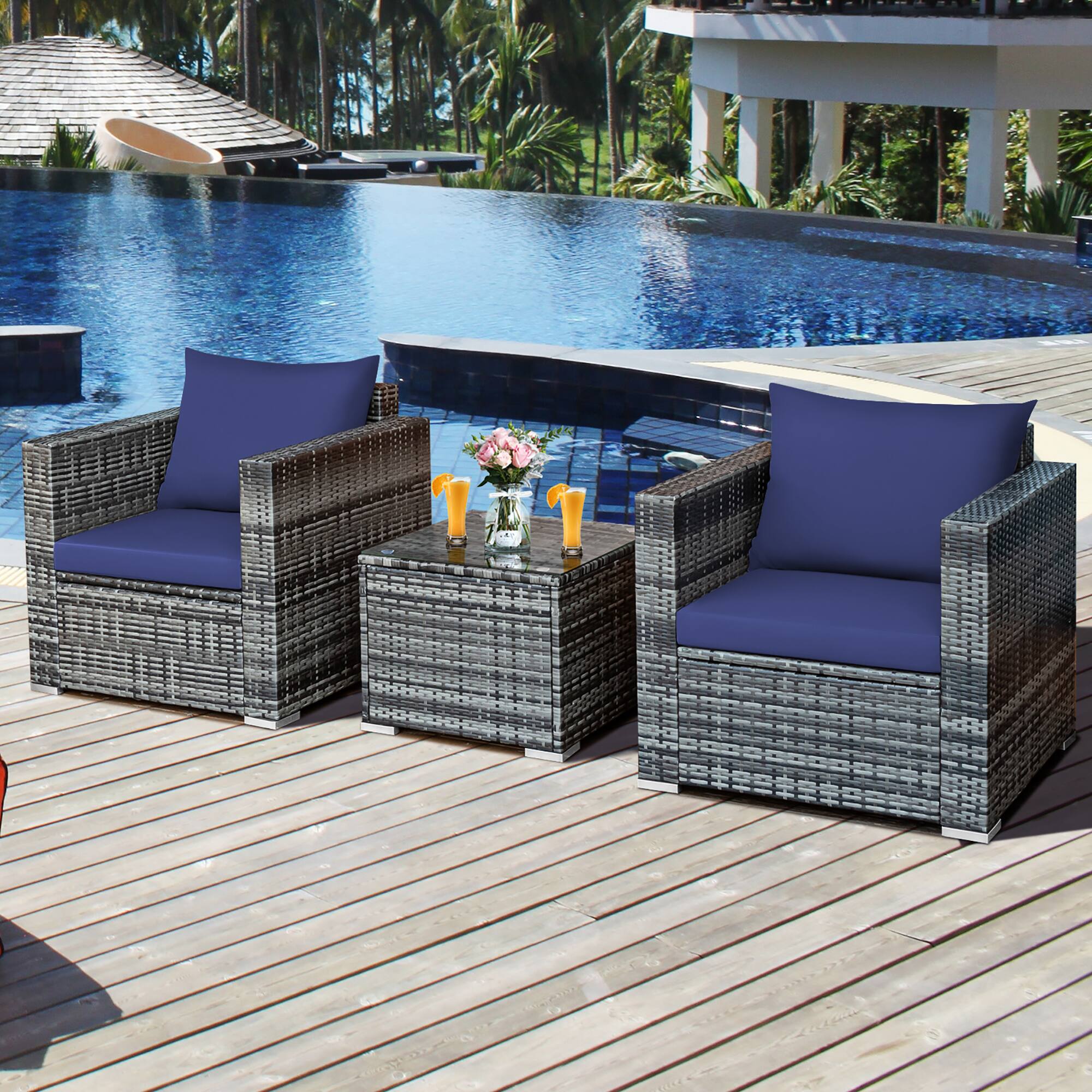 Alt View 7. Costway - 3 PC Patio Rattan Furniture Bistro Set Cushioned Sofa Chair Table - Navy.