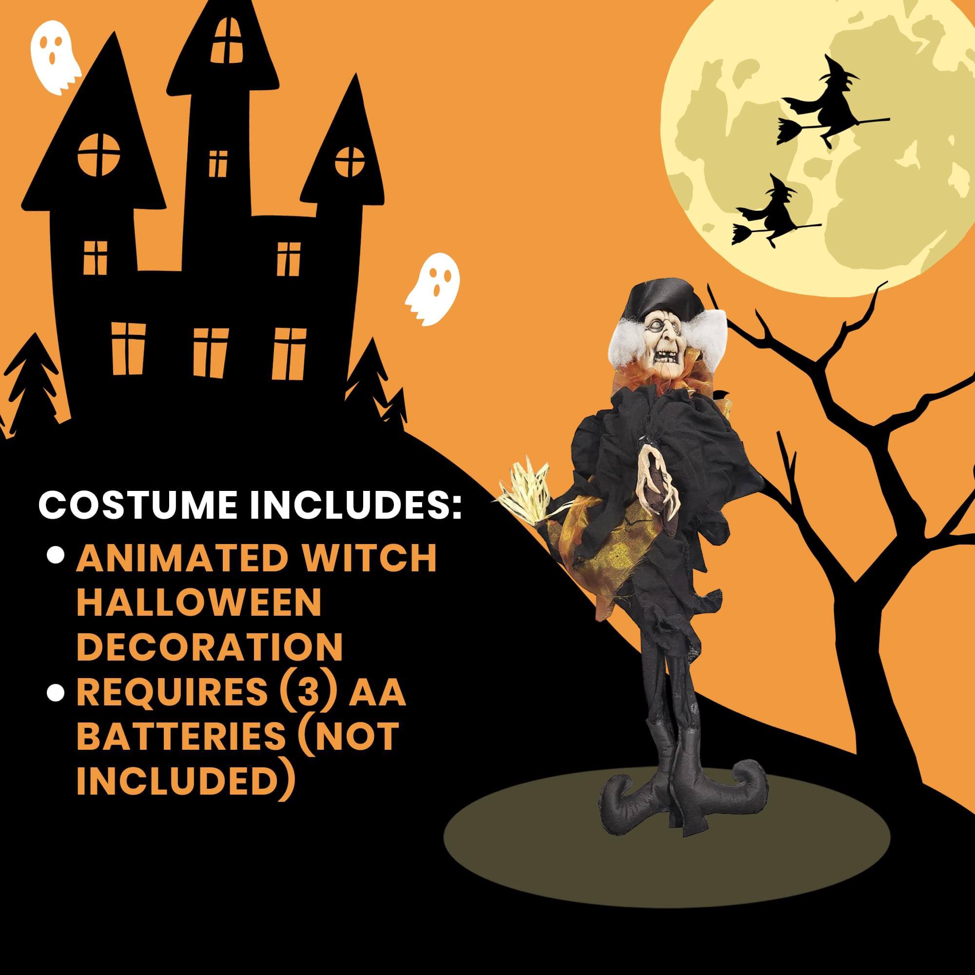 COSTUME INCLUDES:  
- ANIMATED WITCH HALLOWEEN DECORATION  
- REQUIRES (3) AA BATTERIES (NOT INCLUDED)