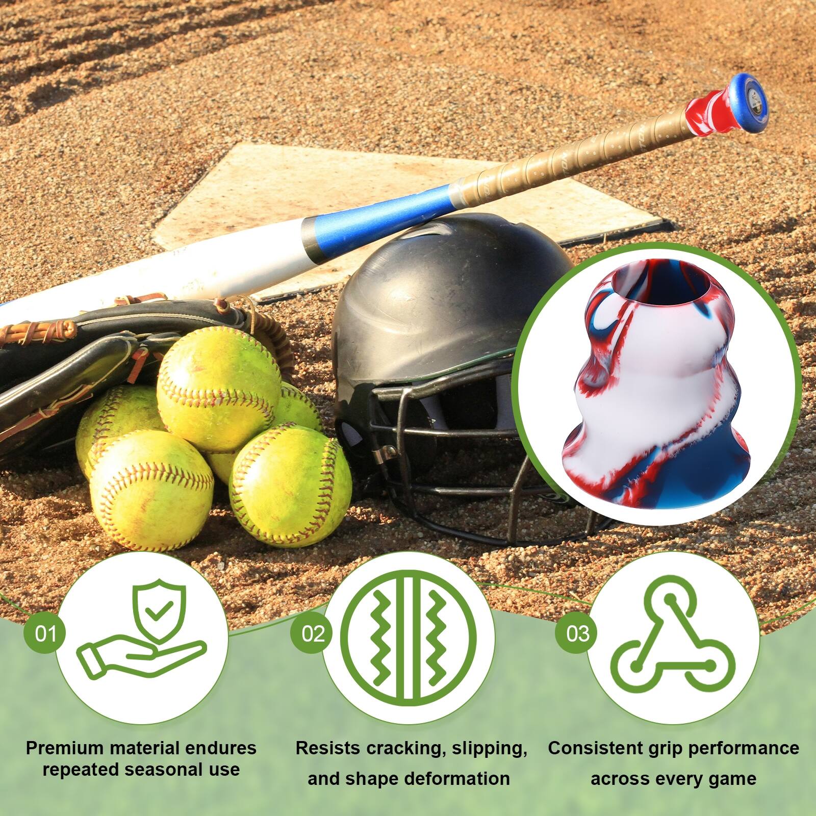 01 Premium material endures repeated seasonal use  
02 Resists cracking, slipping, and shape deformation  
03 Consistent grip performance across every game