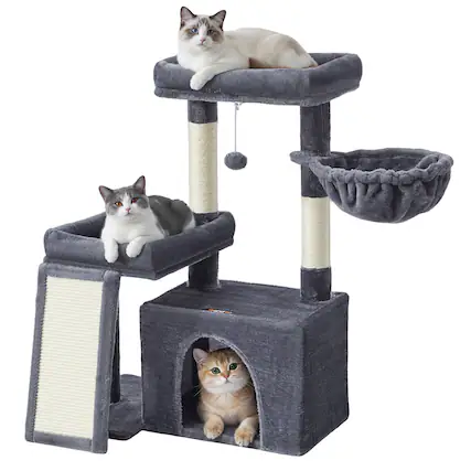 Front. Songmics Home - Cat Tree, Cat Tower Condo with Scratching Posts and Ramp, 2 Large Perches, Cave, Basket, 33.8 Inches Tall - Dark Gray.