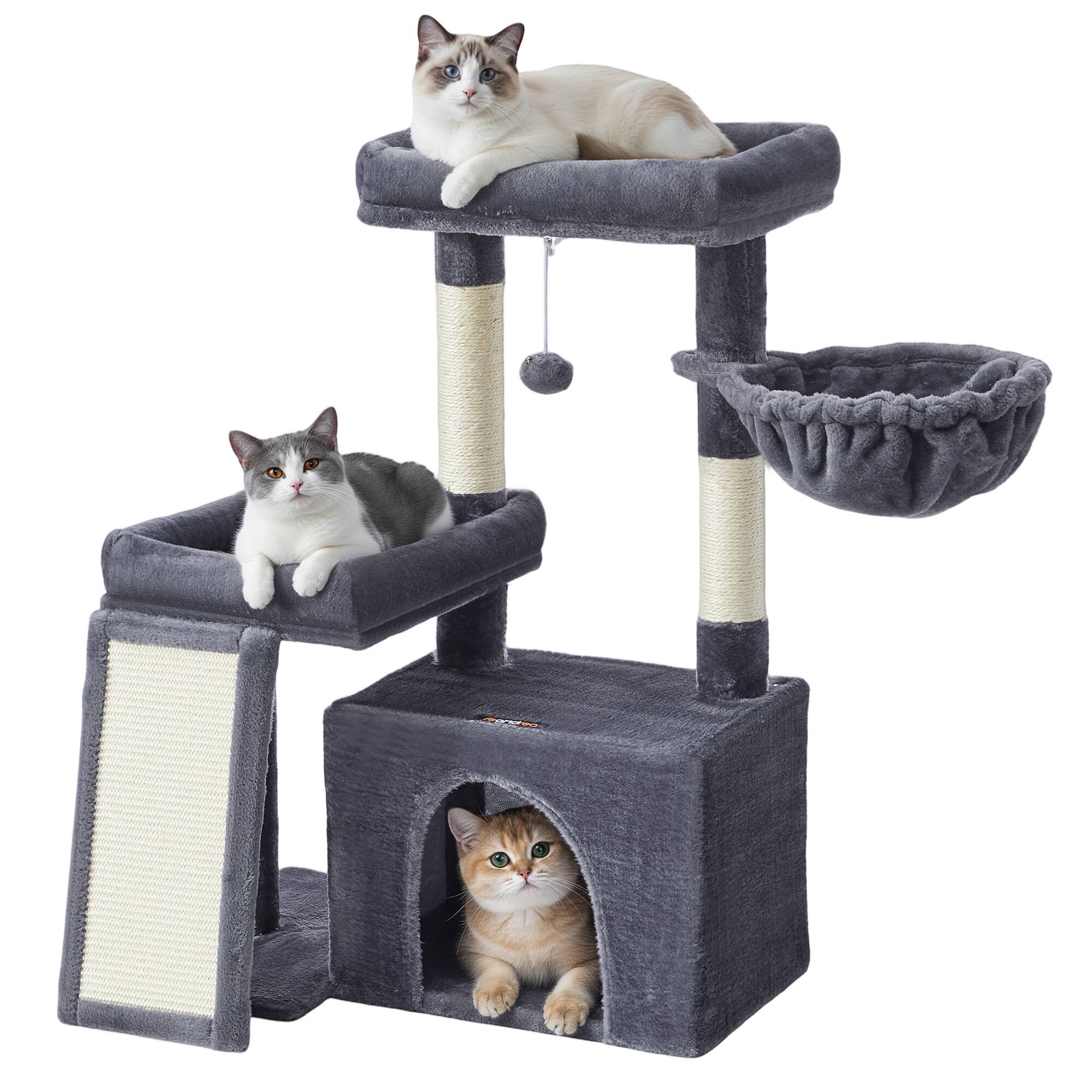 Front. Songmics Home - Cat Tree, Cat Tower Condo with Scratching Posts and Ramp, 2 Large Perches, Cave, Basket, 33.8 Inches Tall - Dark Gray.