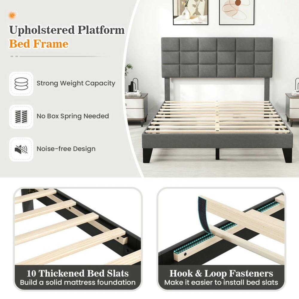 Upholstered Platform Bed Frame

- Strong Weight Capacity
- No Box Spring Needed
- Noise-free Design

10 Thickened Bed Slats
Build a solid mattress foundation

Hook & Loop Fasteners
Make it easier to install bed slats