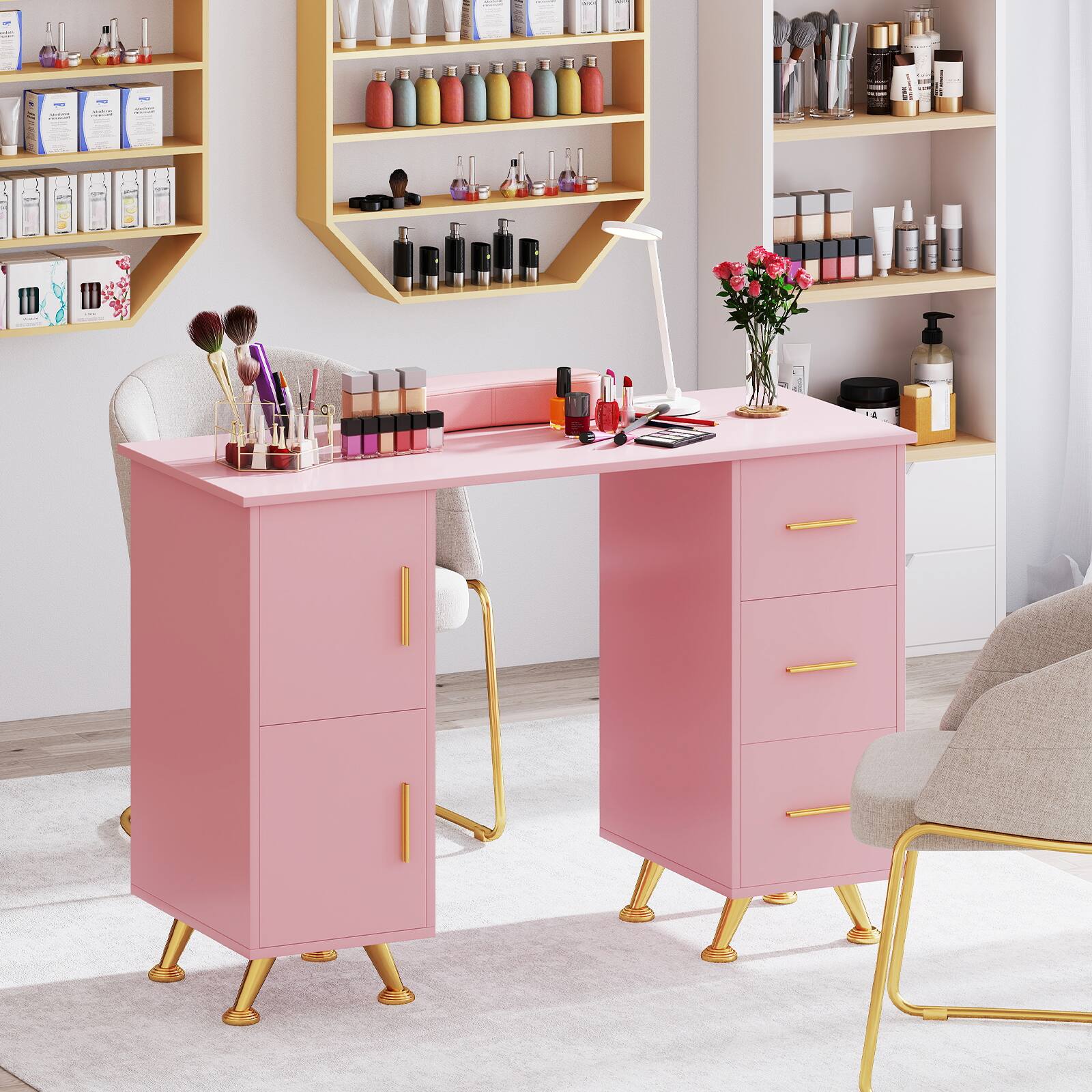 Alt View 1. Gymax - Gymax Manicure Table Nail Desk w/ Drawers Wrist Rest Metal Legs Nail Tech Station Pink - Pink.