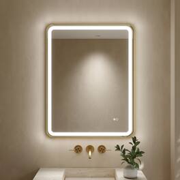 WELLFOR - 24 in. W x 32 in. H Anti-Fog LED Bathroom Mirror, Wall Bathroom Vanity Mirror with Framed Round Corner - Brushed Gold
