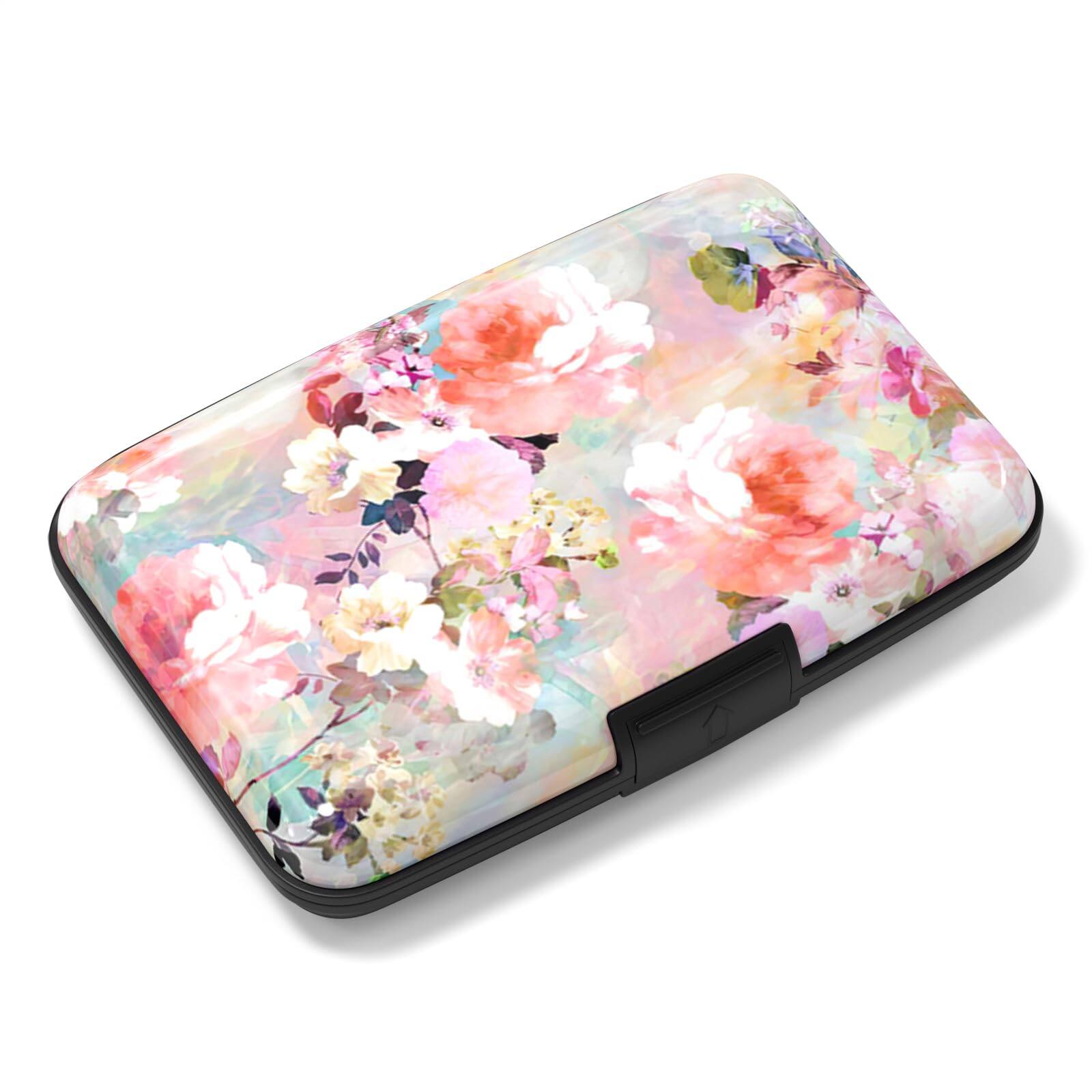 Jadie Link - Aluminuml Credit Card Holder Mini Wallet Rfid Blocking Slim Metal Hard Case Women Men Protected Metal Card - Pink Flower